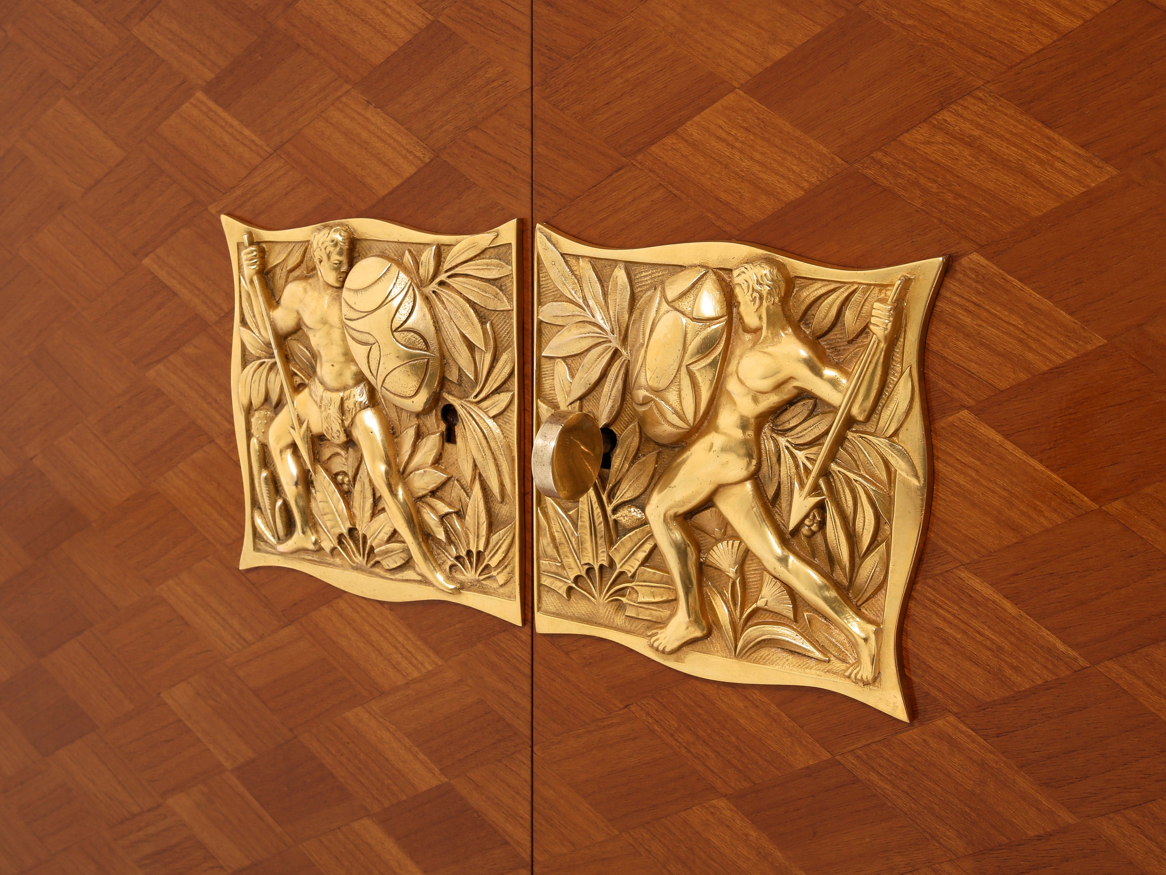 Jules Leleu two doors cabinet cherry wood marquetry bronze 1940