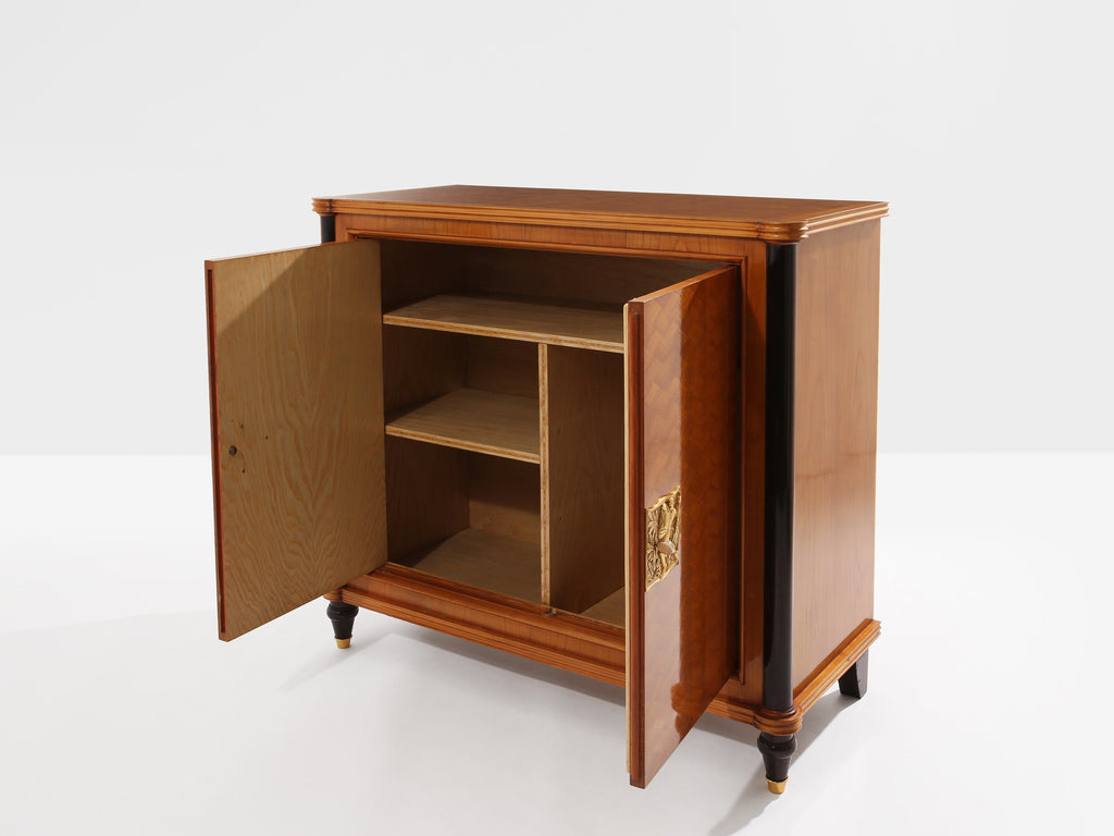 Jules Leleu two doors cabinet cherry wood marquetry bronze 1940