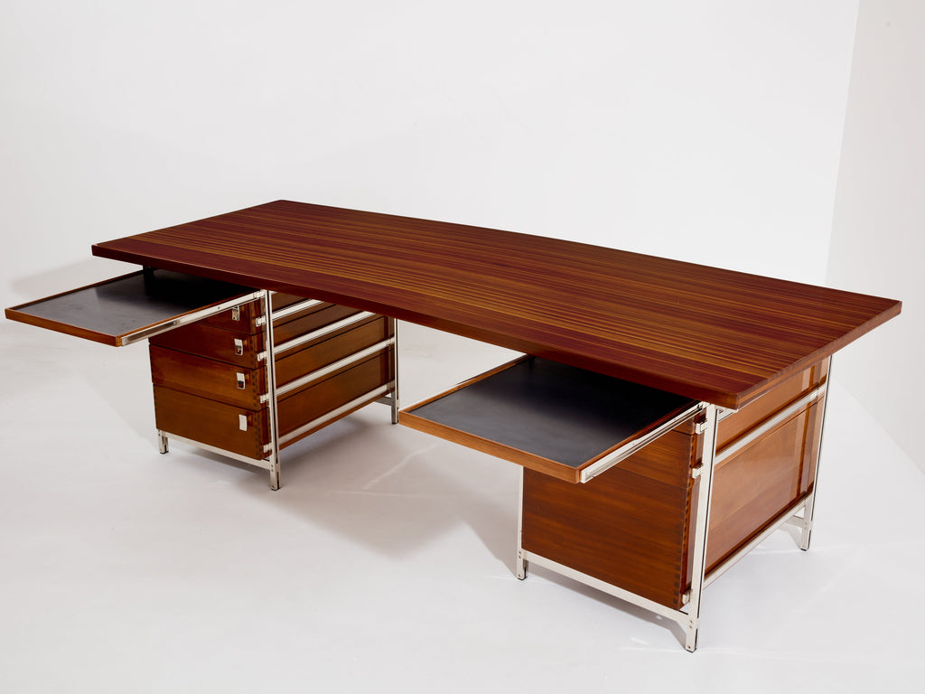 Jules Wabbes curved executive mahogany and jatoba desk 1958