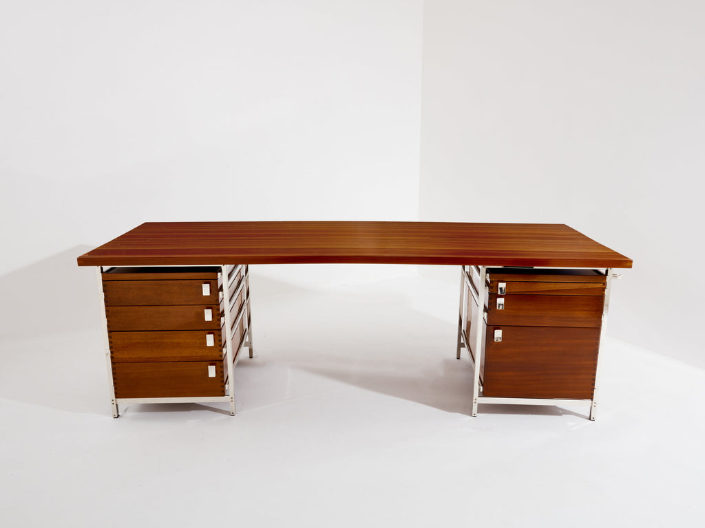 Jules Wabbes curved executive mahogany and jatoba desk 1958