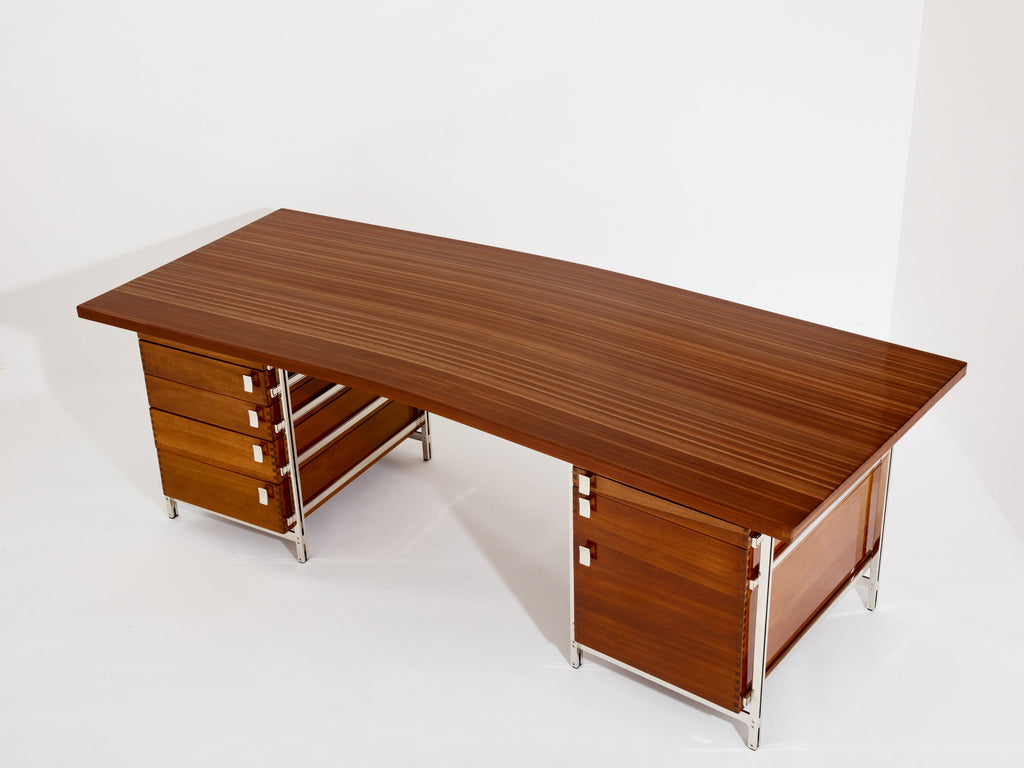 Jules Wabbes curved executive mahogany and jatoba desk 1958