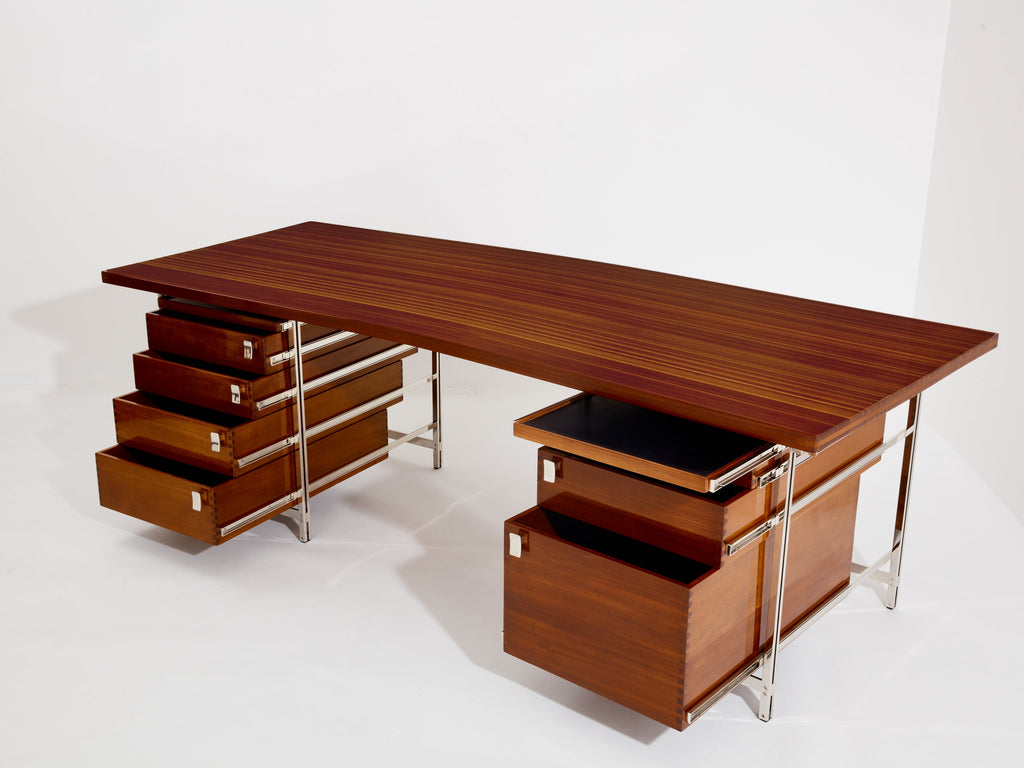 Jules Wabbes curved executive mahogany and jatoba desk 1958