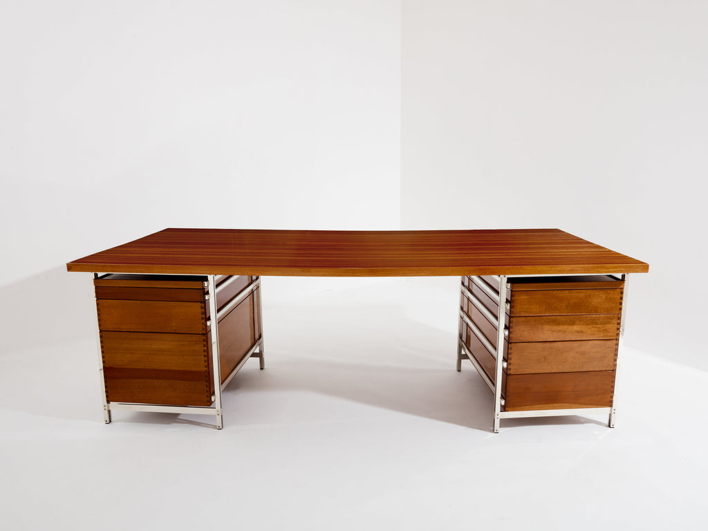 Jules Wabbes curved executive mahogany and jatoba desk 1958