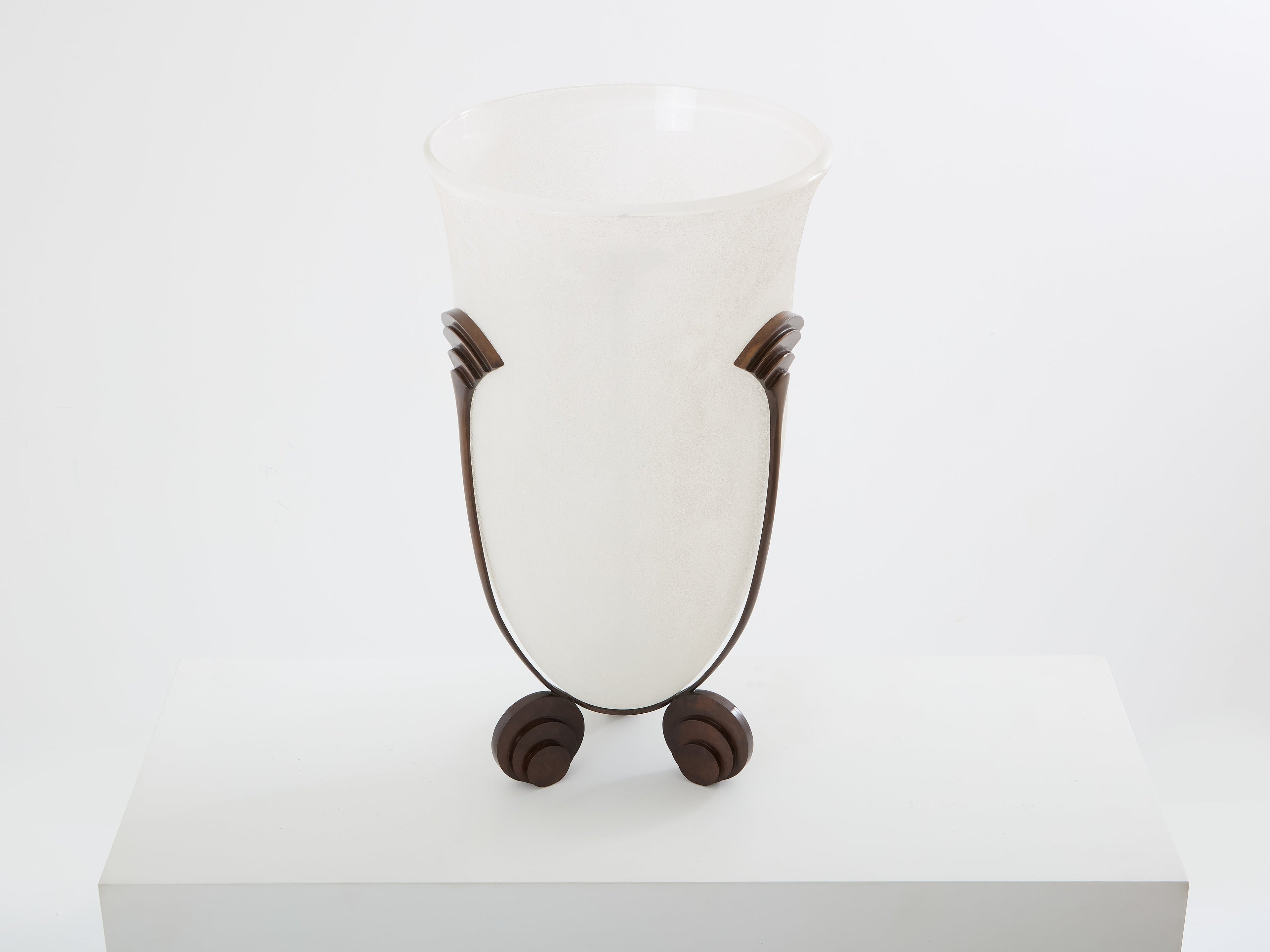 Karl Springer for Seguso large bronze Art Deco frosted glass vase 1980