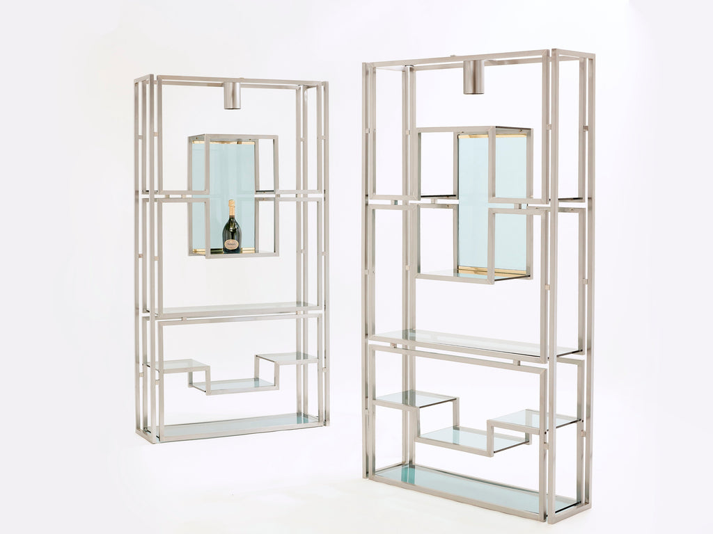 Pair of Kim Moltzer brushed steel brass green lucite shelving units 1970s