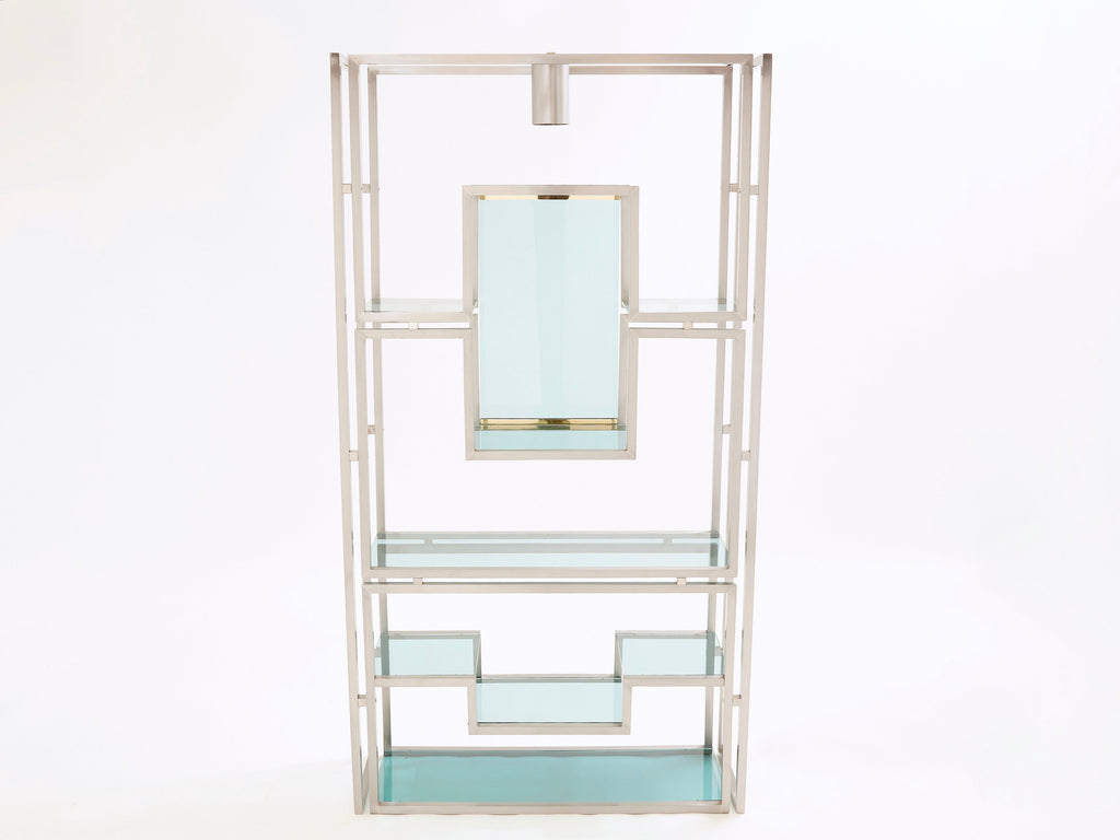 Pair of Kim Moltzer brushed steel brass green lucite shelving units 1970s