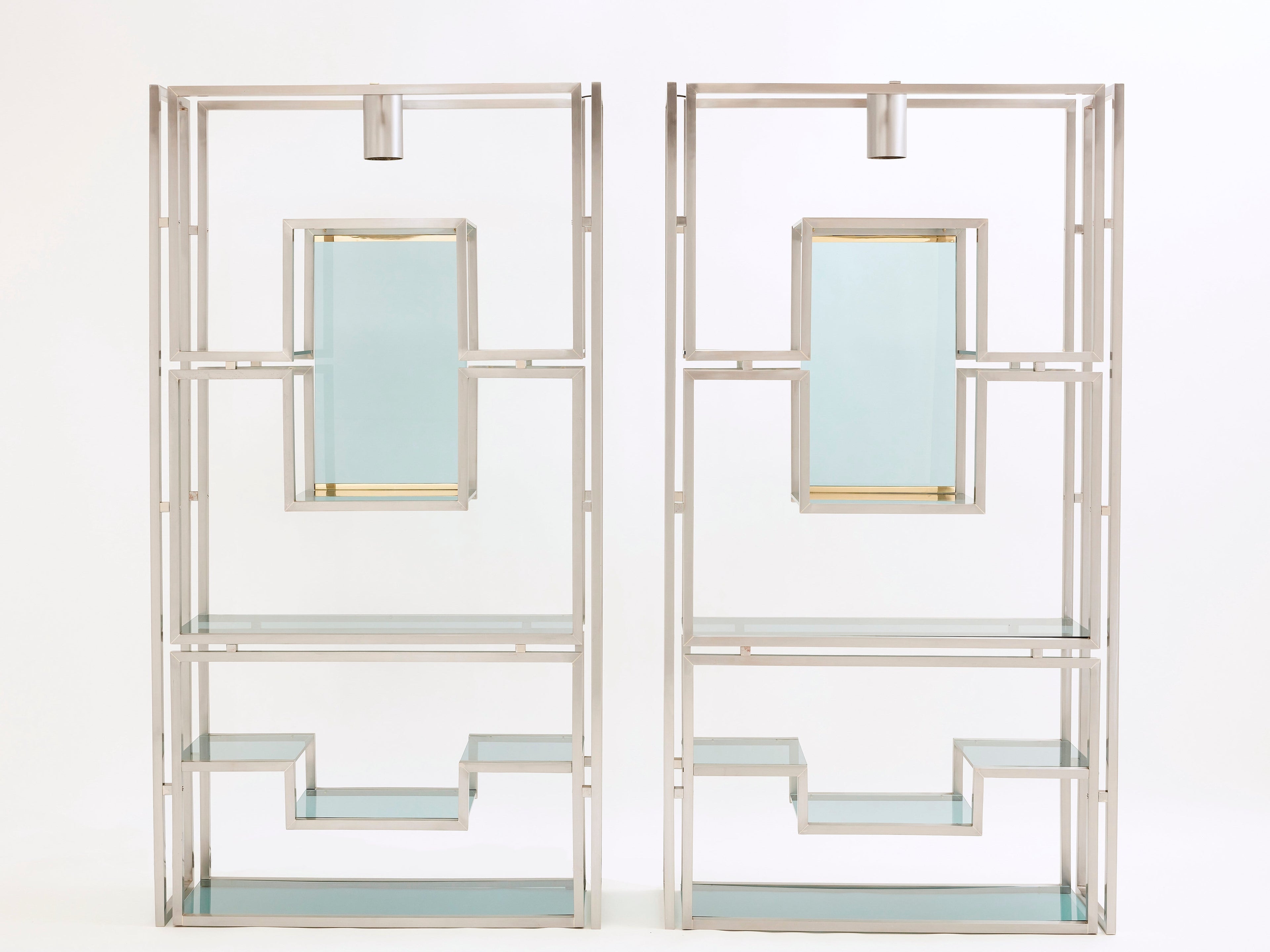 Pair of Kim Moltzer brushed steel brass green lucite shelving units 1970s