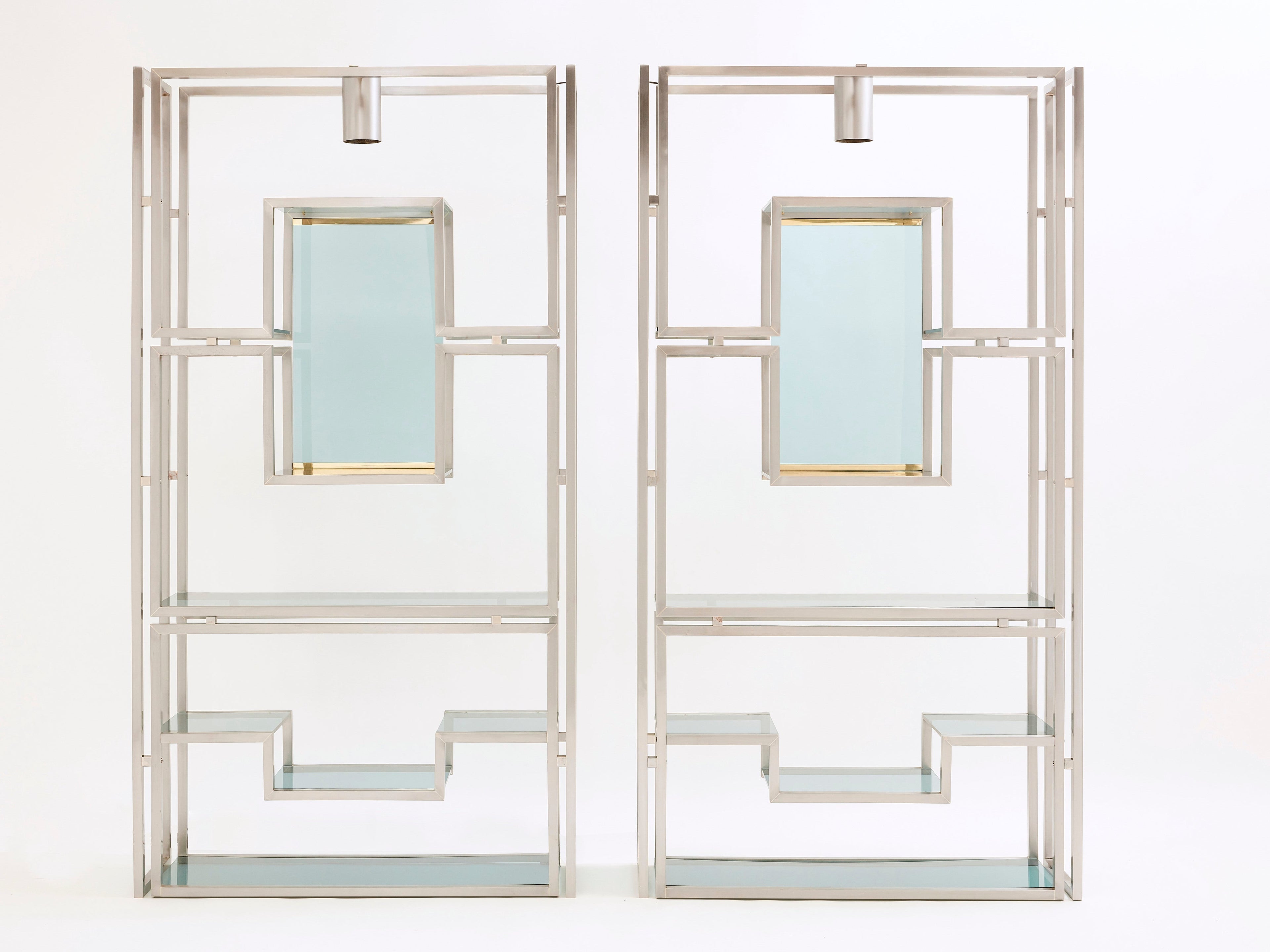 Pair of Kim Moltzer brushed steel brass green lucite shelving units 1970s