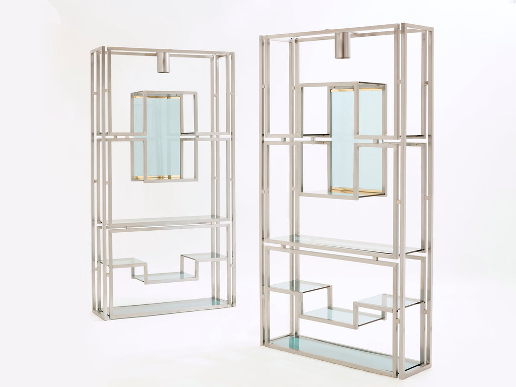 Pair of Kim Moltzer brushed steel brass green lucite shelving units 1970s