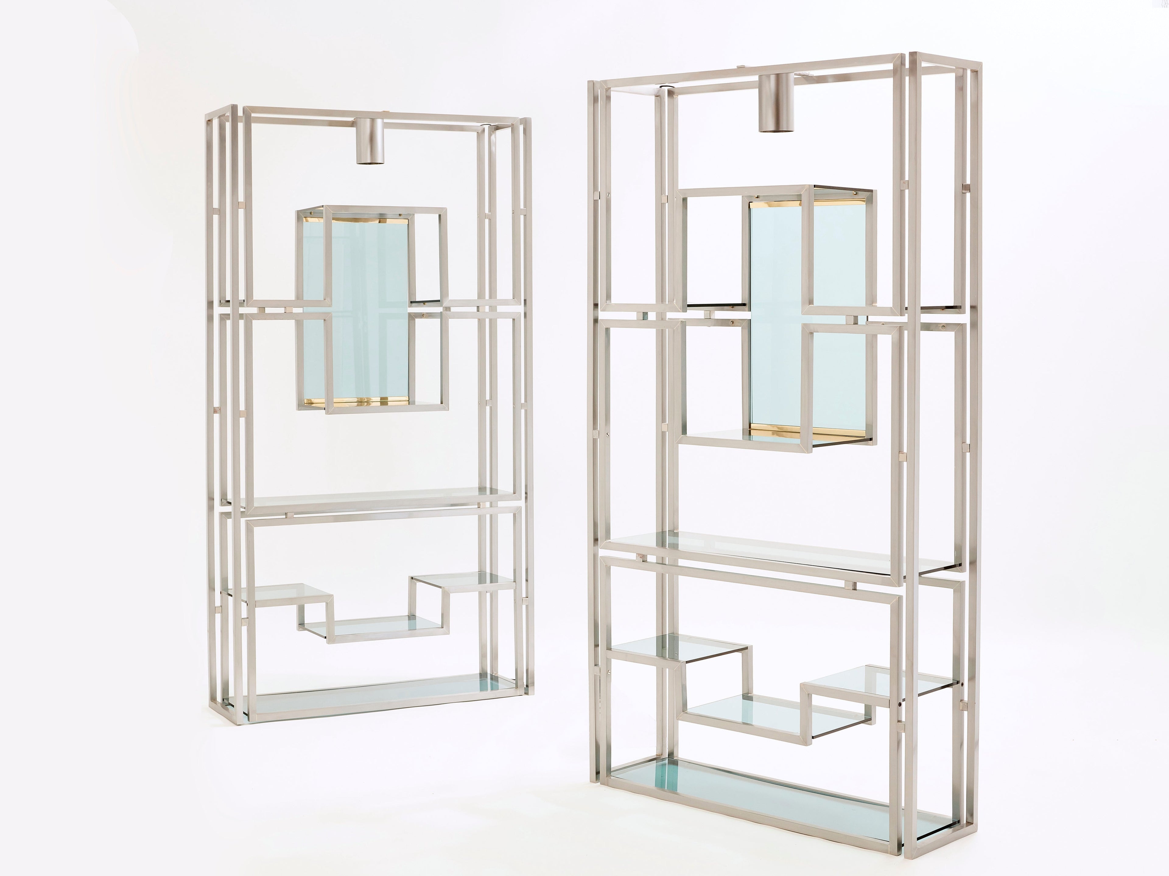 Pair of Kim Moltzer brushed steel brass green lucite shelving units 1970s