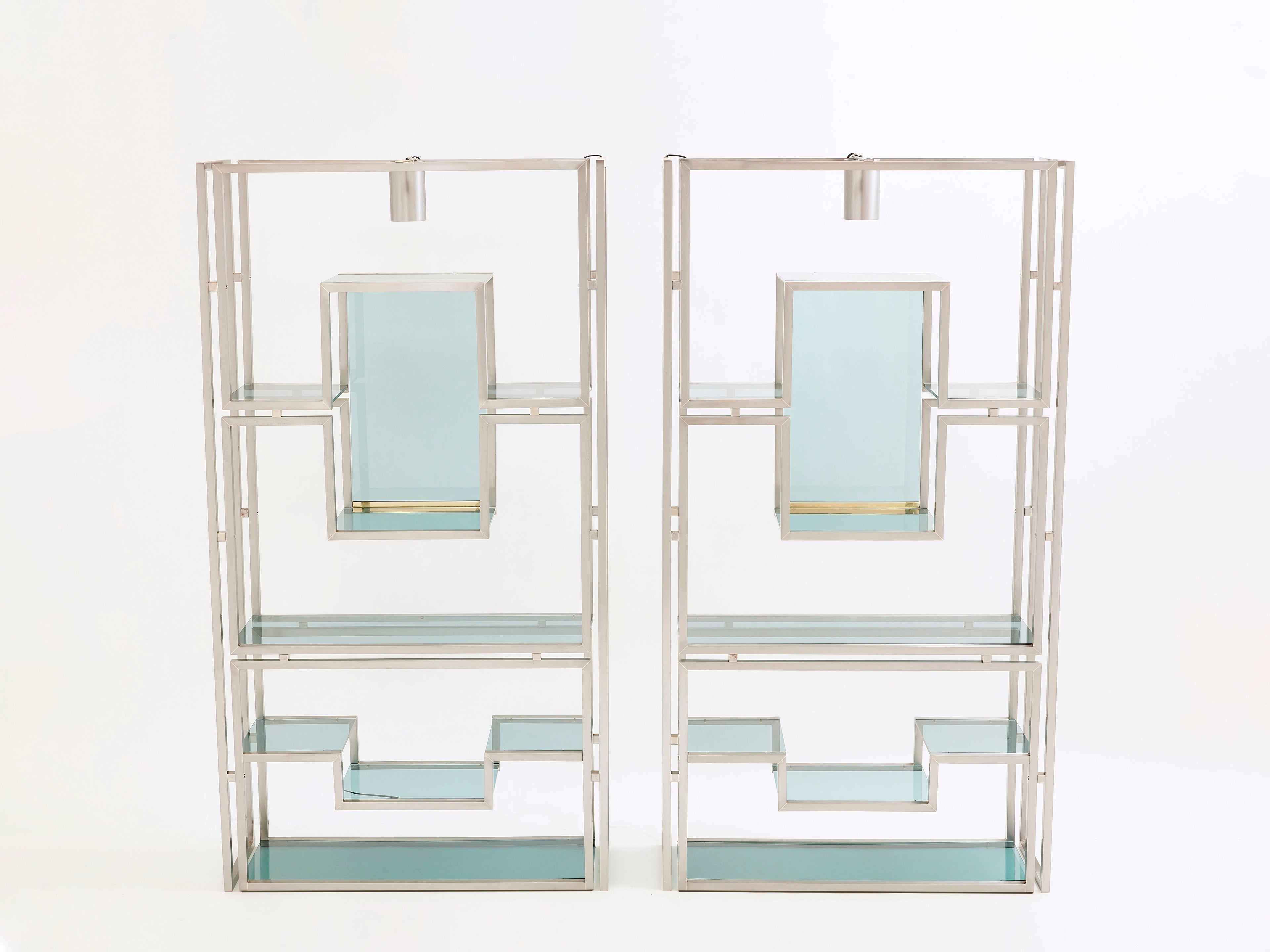 Pair of Kim Moltzer brushed steel brass green lucite shelving units 1970s