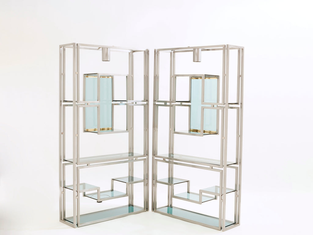 Pair of Kim Moltzer brushed steel brass green lucite shelving units 1970s