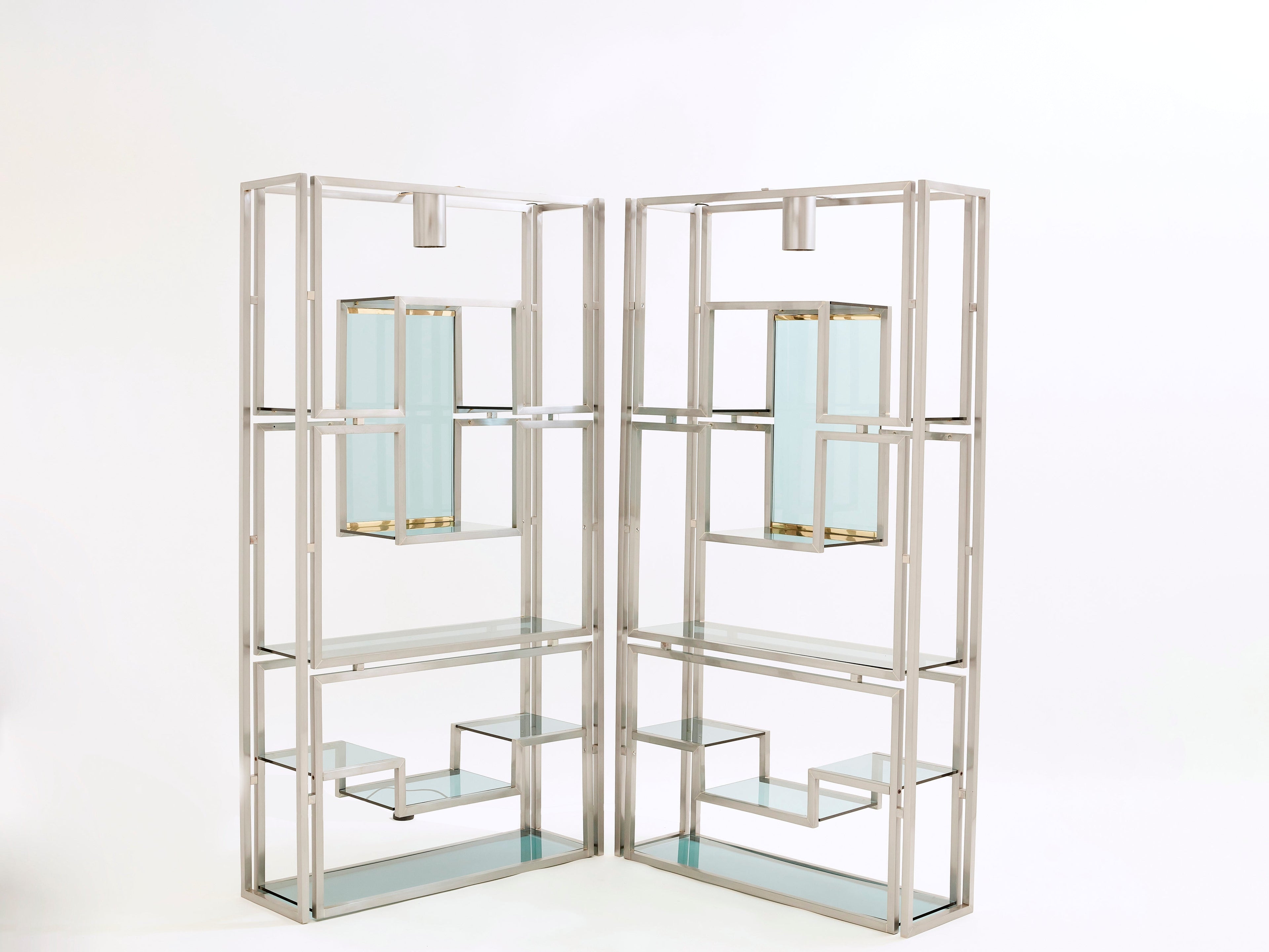 Pair of Kim Moltzer brushed steel brass green lucite shelving units 1970s