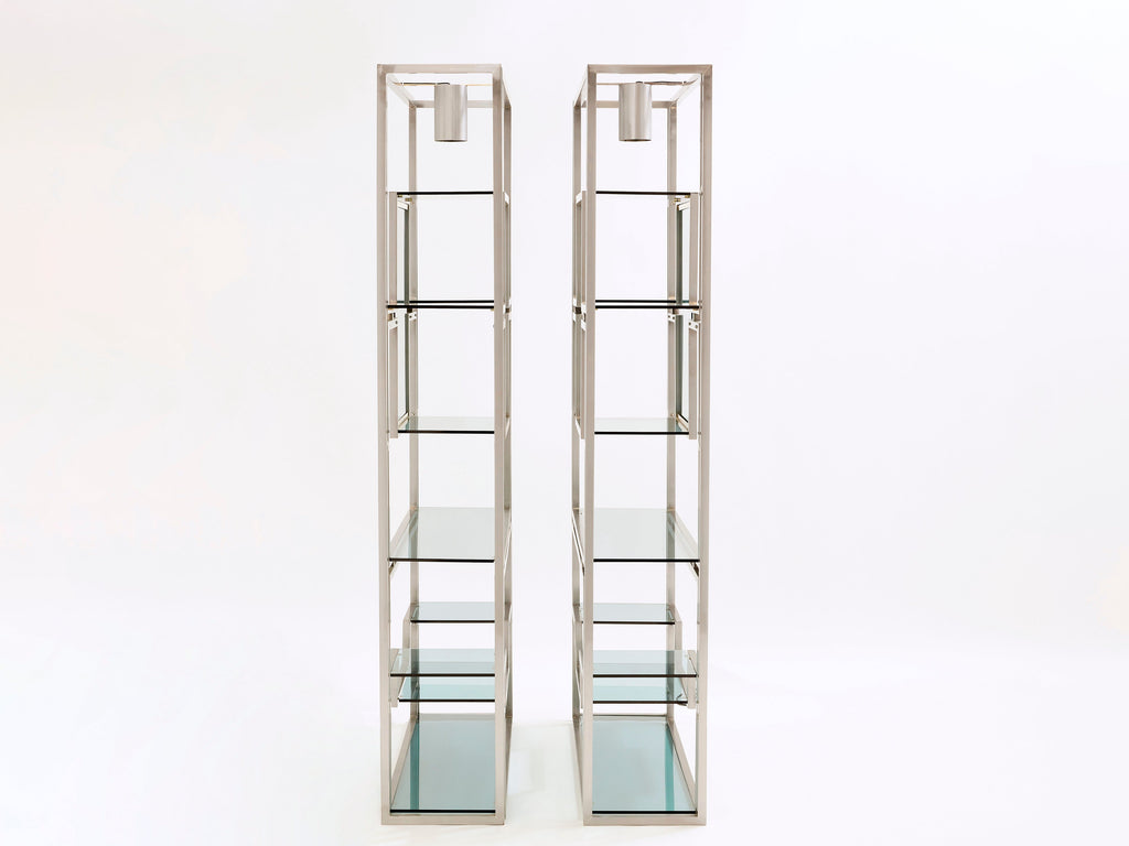 Pair of Kim Moltzer brushed steel brass green lucite shelving units 1970s