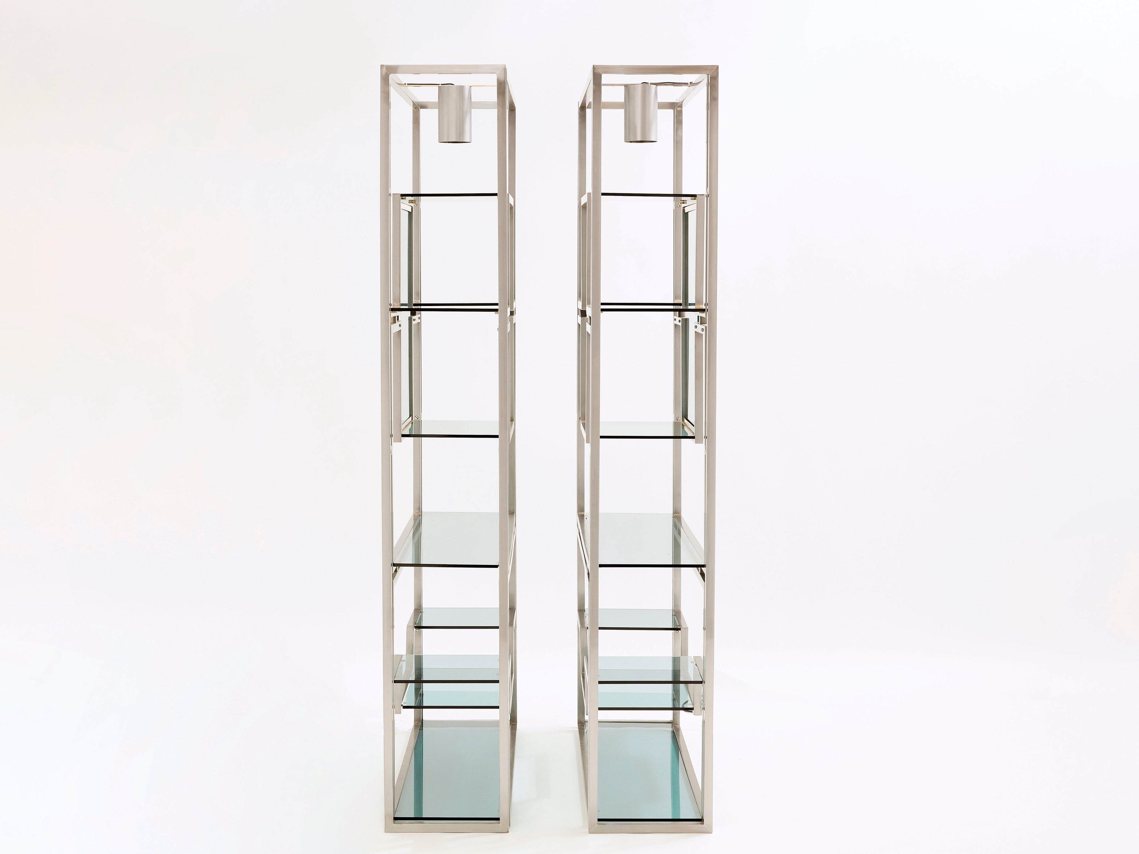 Pair of Kim Moltzer brushed steel brass green lucite shelving units 1970s