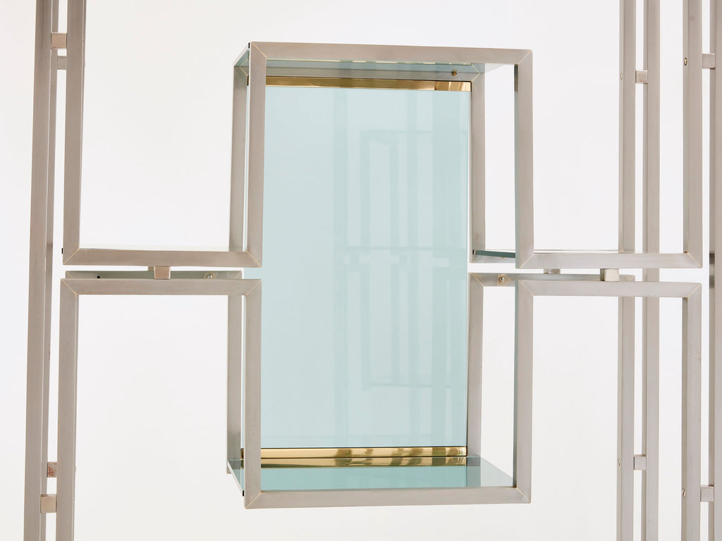 Pair of Kim Moltzer brushed steel brass green lucite shelving units 1970s