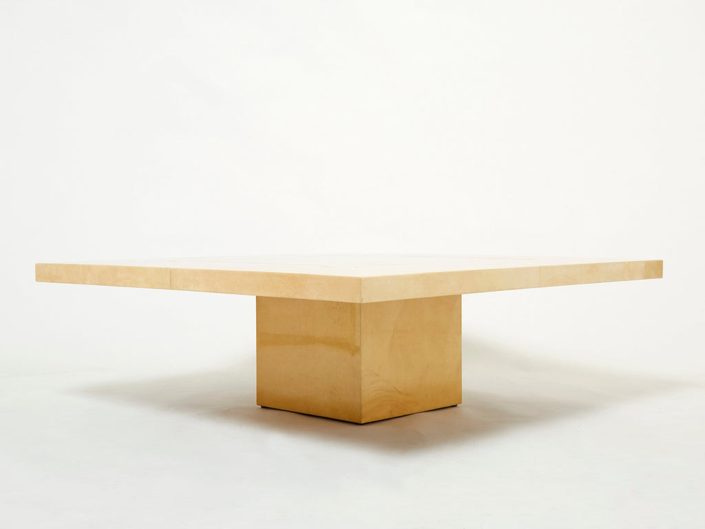 Large Aldo Tura goatskin beige parchment brass coffee table 1960