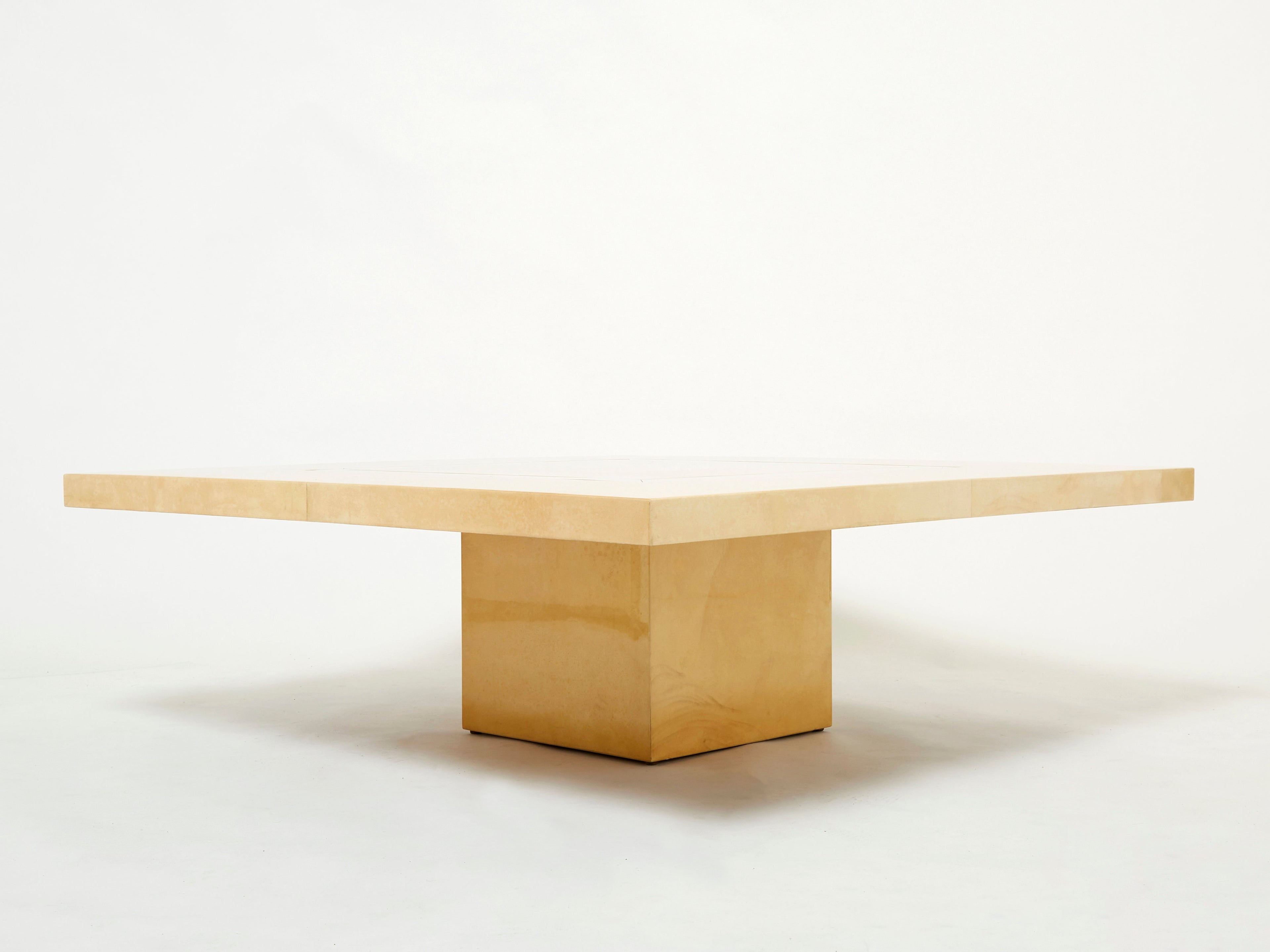Large Aldo Tura goatskin beige parchment brass coffee table 1960