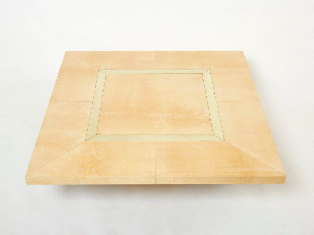 Large Aldo Tura goatskin beige parchment brass coffee table 1960