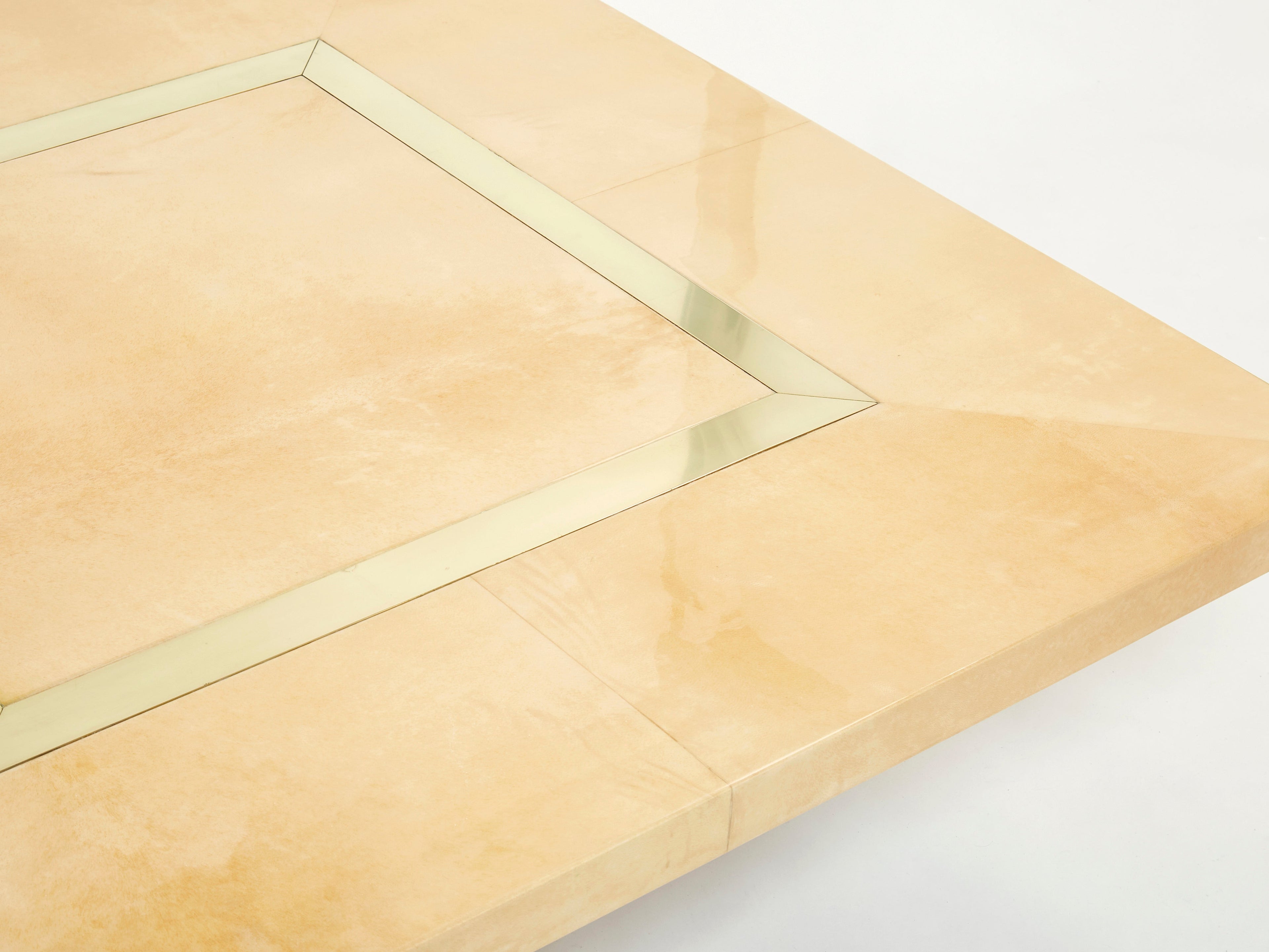 Large Aldo Tura goatskin beige parchment brass coffee table 1960