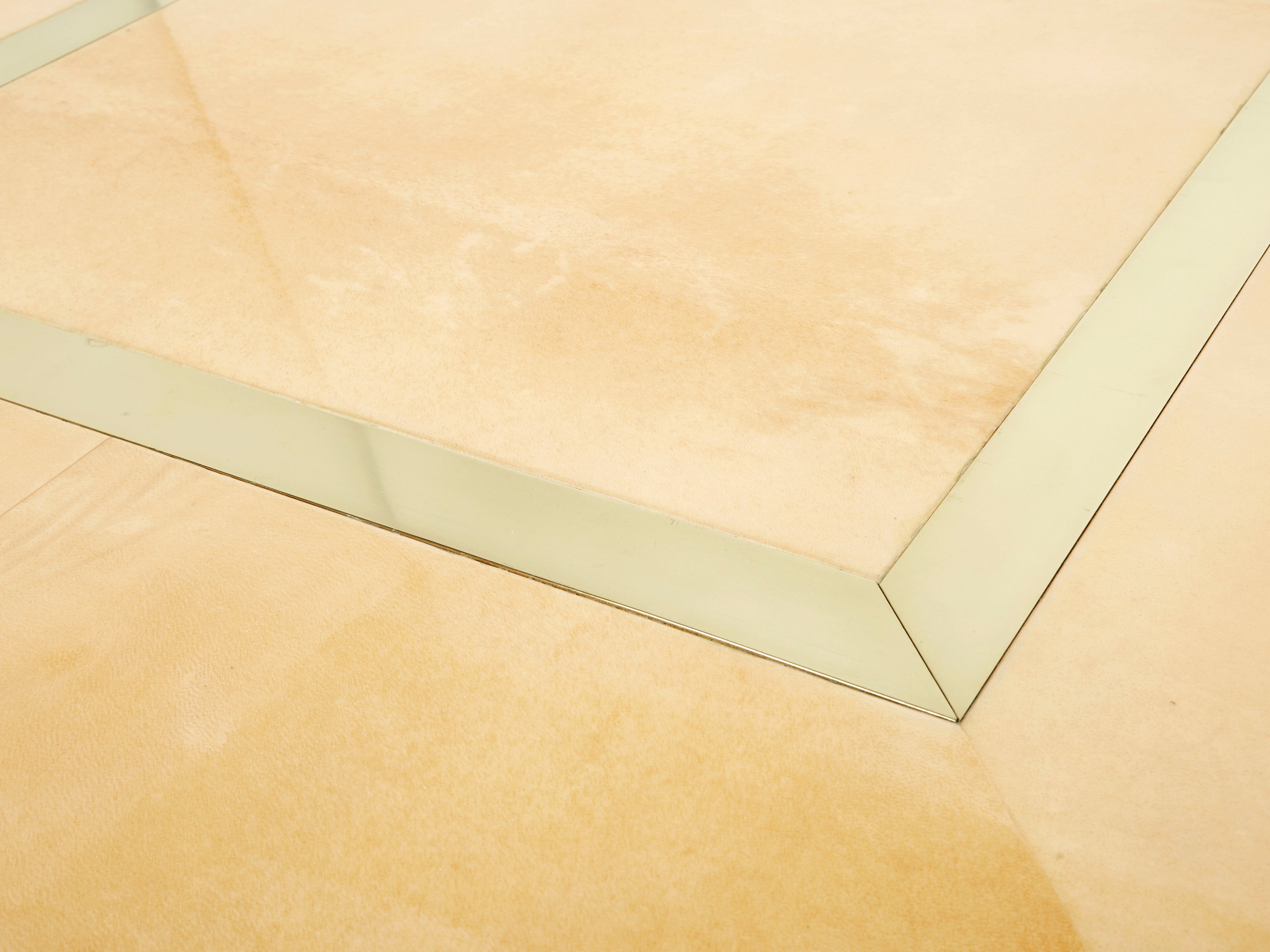Large Aldo Tura goatskin beige parchment brass coffee table 1960