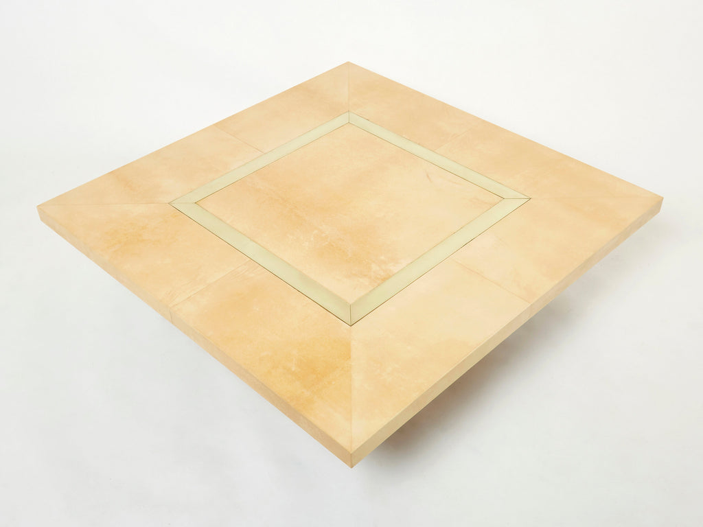 Large Aldo Tura goatskin beige parchment brass coffee table 1960