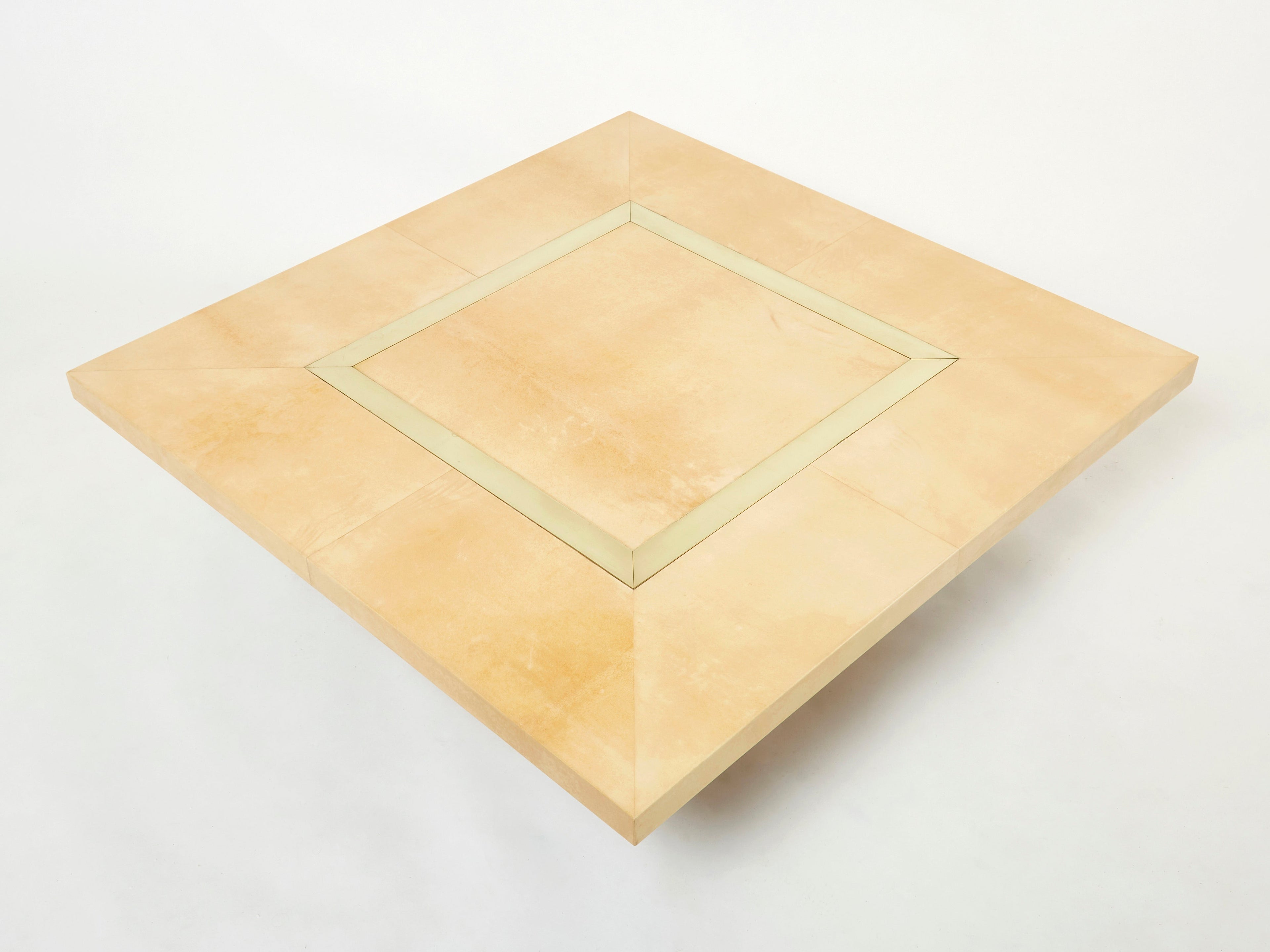 Large Aldo Tura goatskin beige parchment brass coffee table 1960