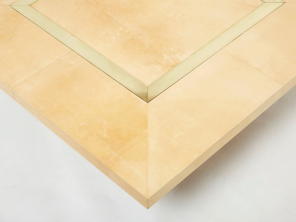 Large Aldo Tura goatskin beige parchment brass coffee table 1960