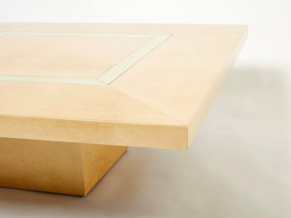Large Aldo Tura goatskin beige parchment brass coffee table 1960