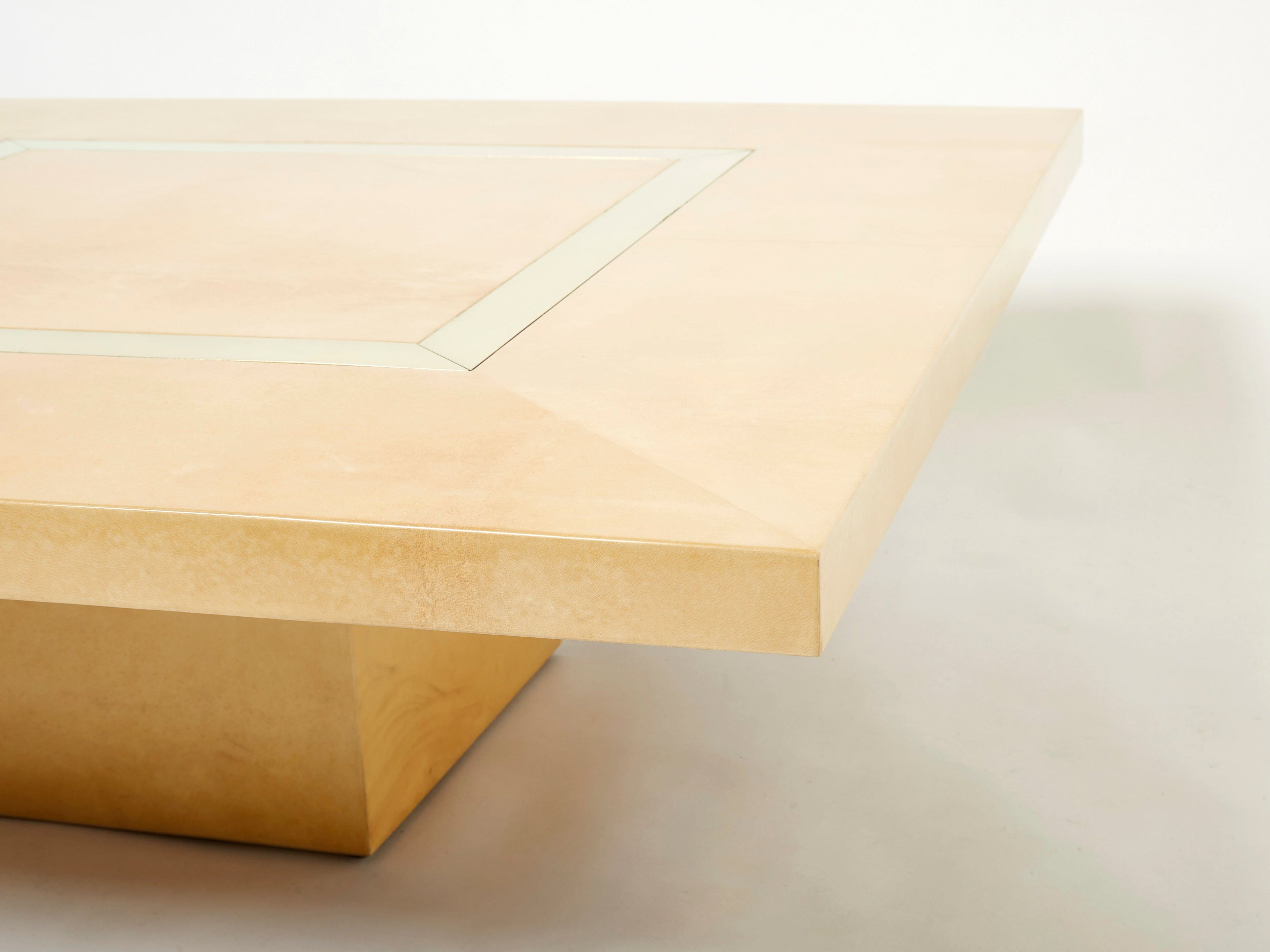 Large Aldo Tura goatskin beige parchment brass coffee table 1960