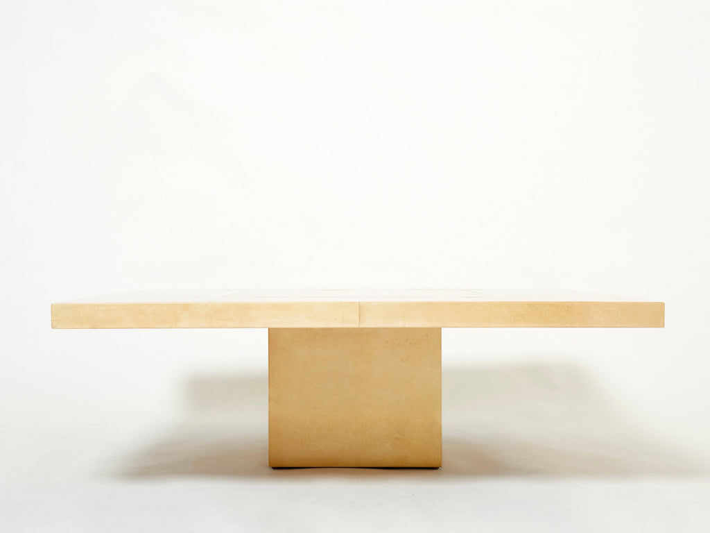 Large Aldo Tura goatskin beige parchment brass coffee table 1960