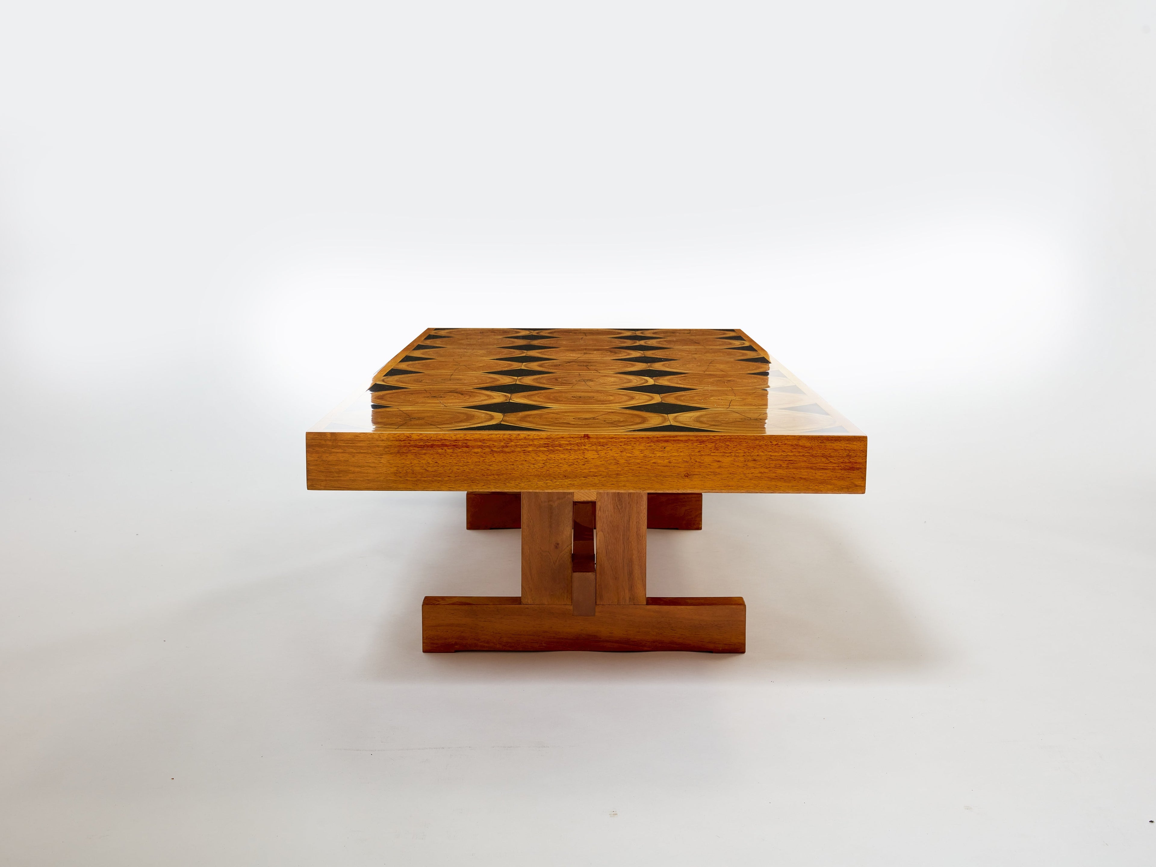 Large French coffee table oak wood petrified wood and slate top 1960