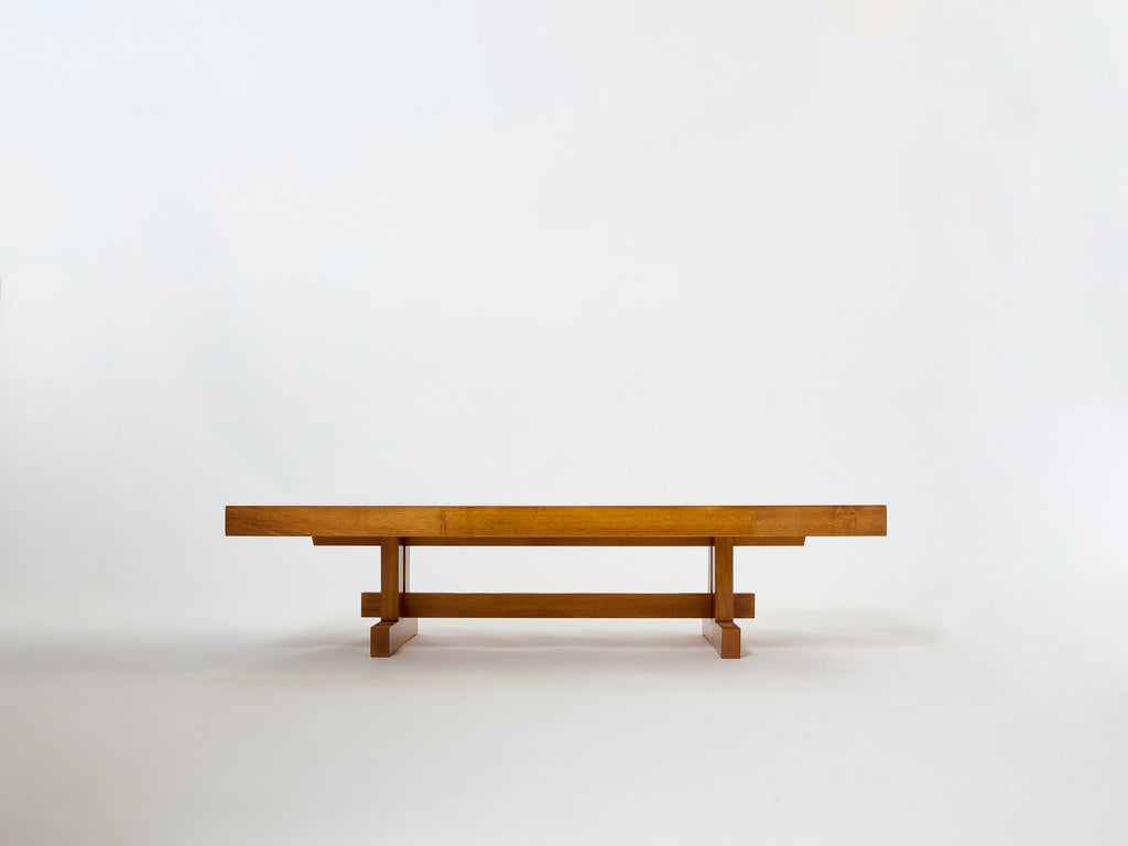 Large French coffee table oak wood petrified wood and slate top 1960