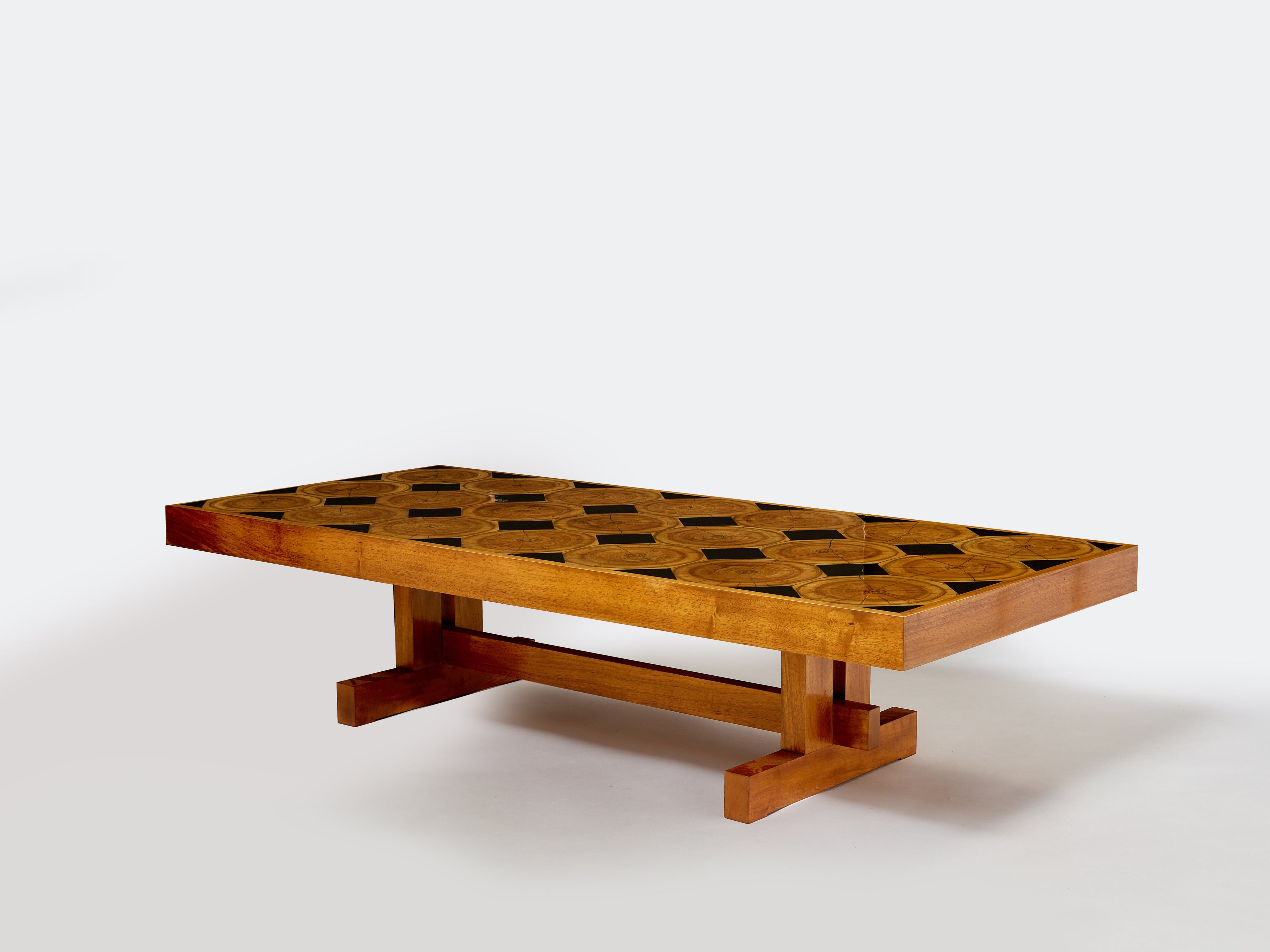 Large French coffee table oak wood petrified wood and slate top 1960