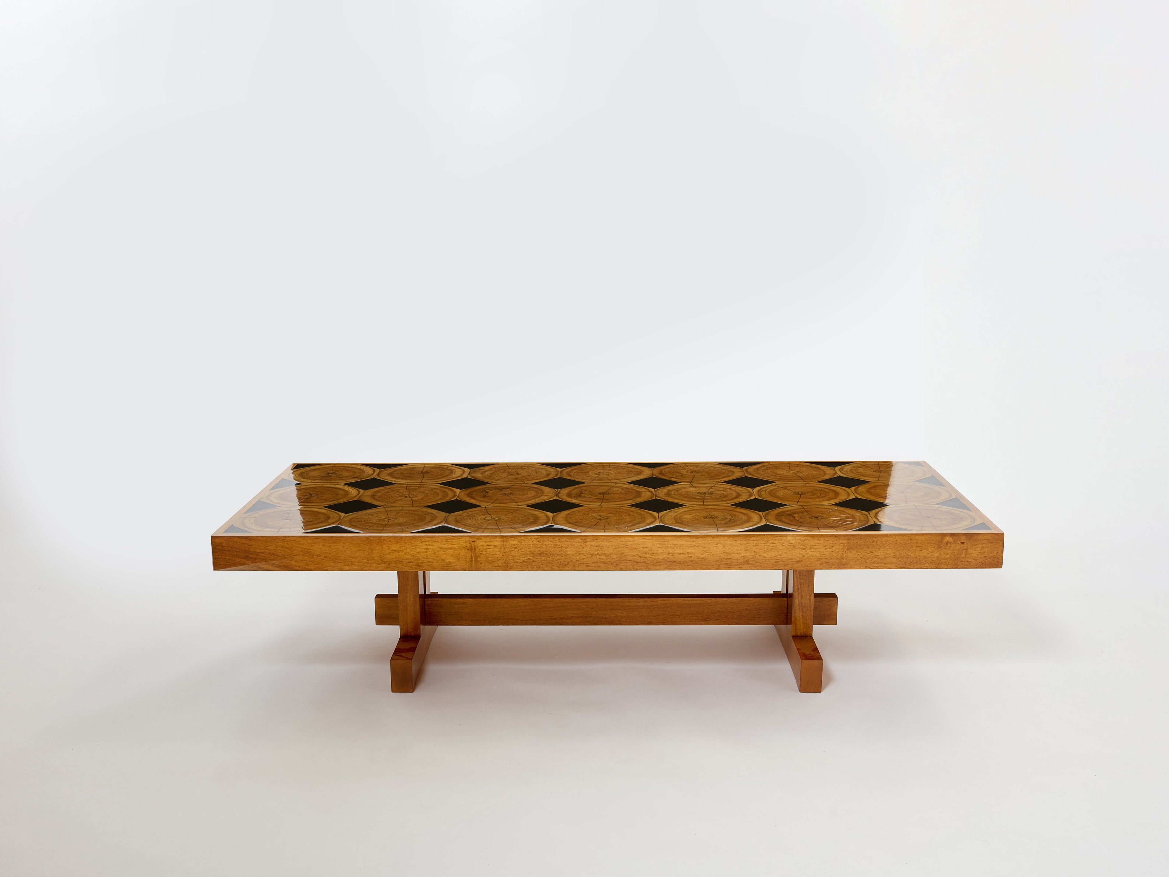 Large French coffee table oak wood petrified wood and slate top 1960