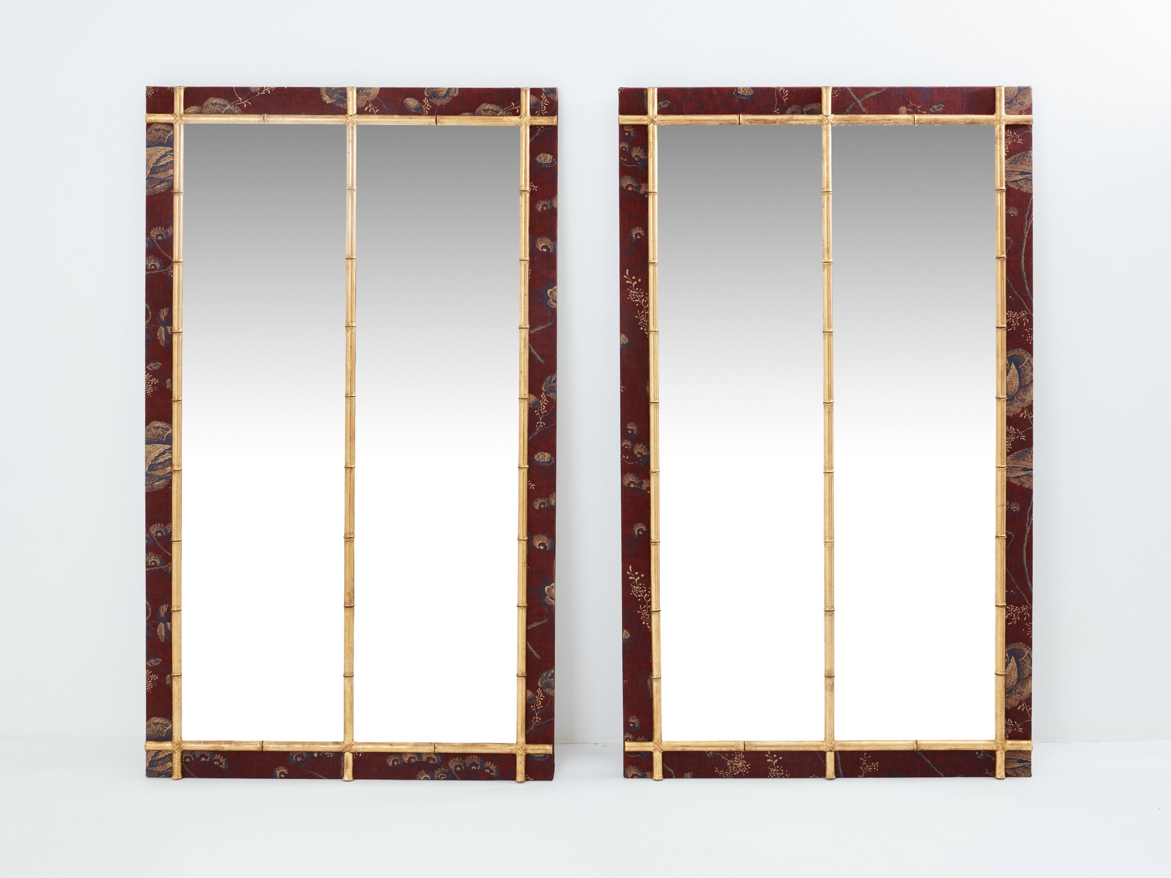 Large pair of French 19th Century gilt faux bamboo upholstery mirrors
