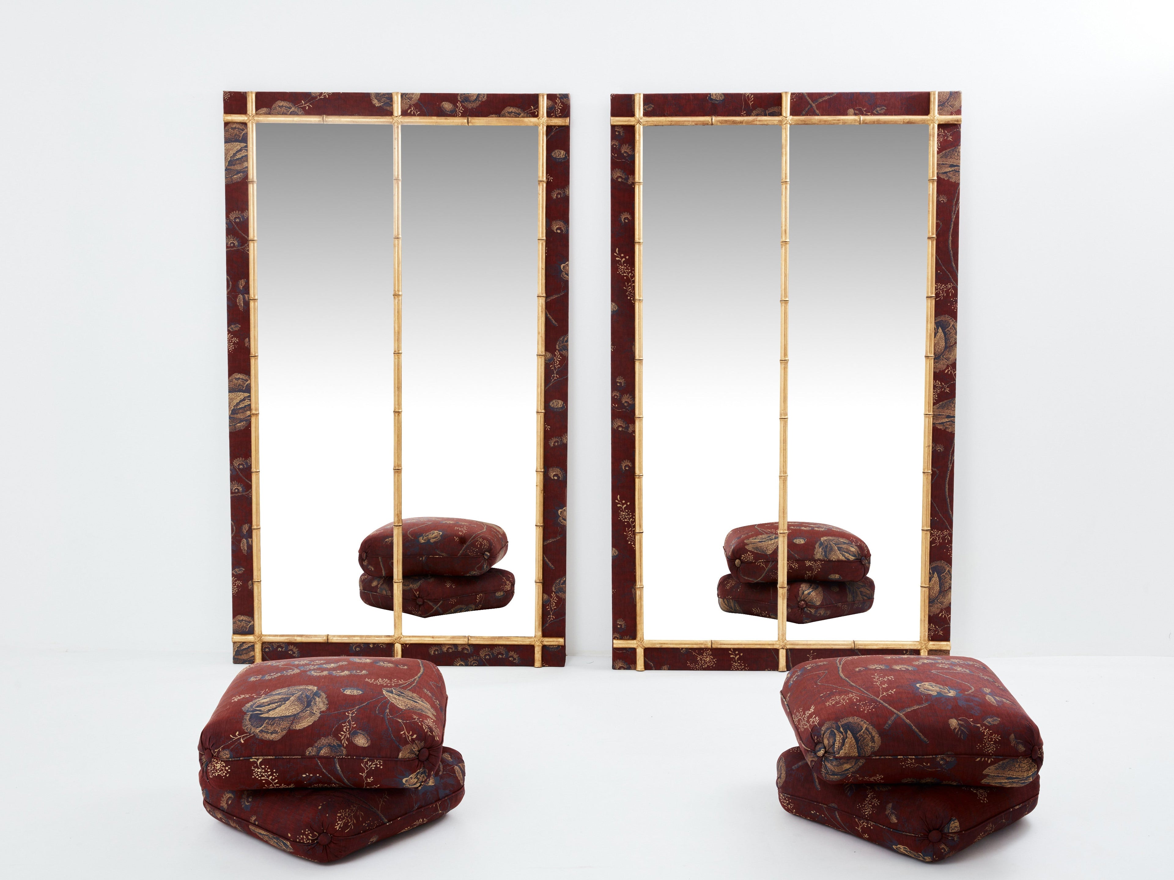 Large pair of French 19th Century gilt faux bamboo upholstery mirrors