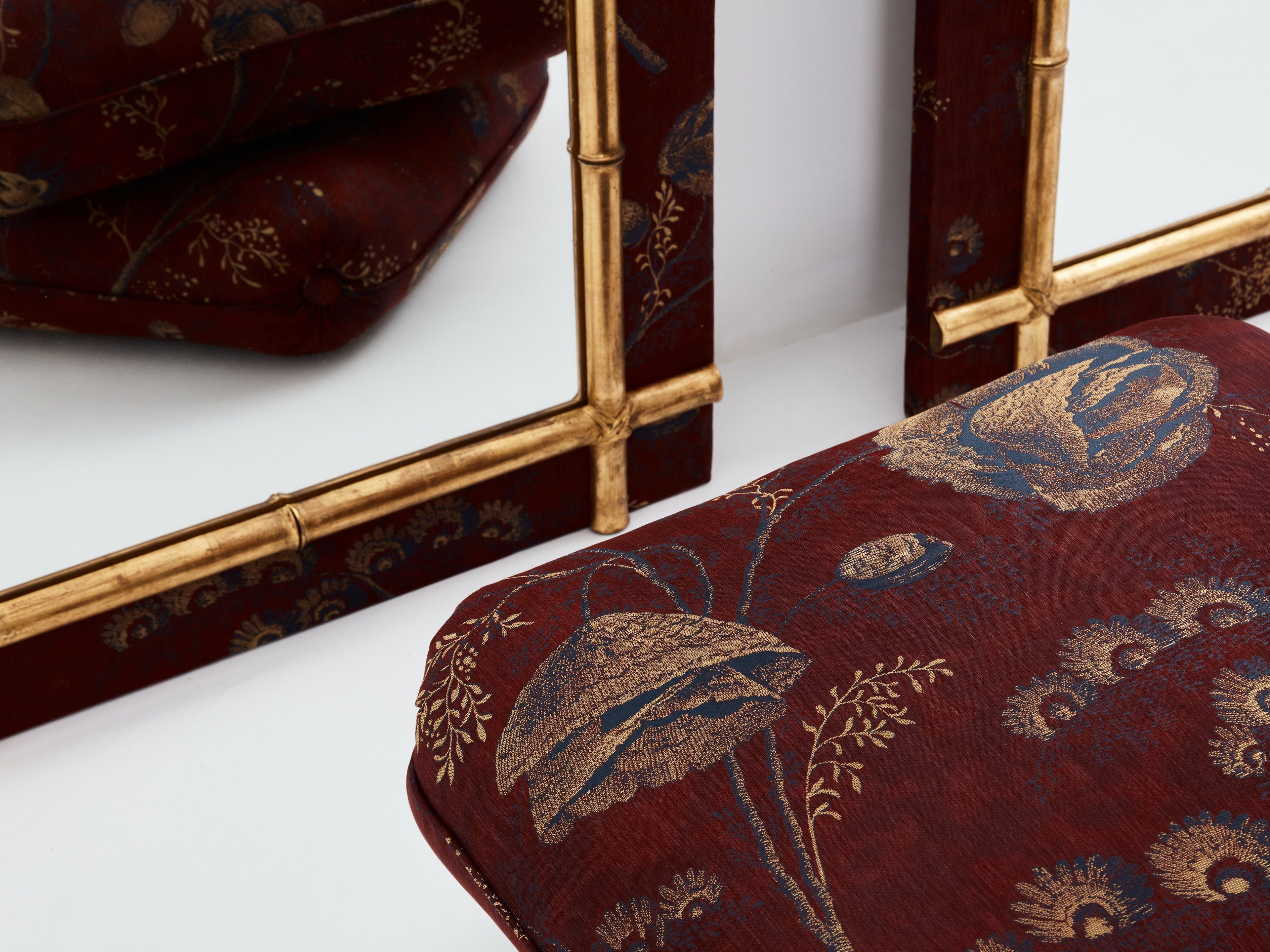 Large pair of French 19th Century gilt faux bamboo upholstery mirrors