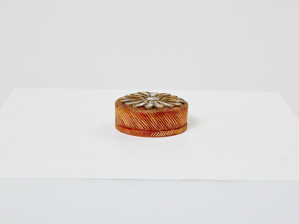 Line Vautrin orange talosel marguerite mirror round box 1960