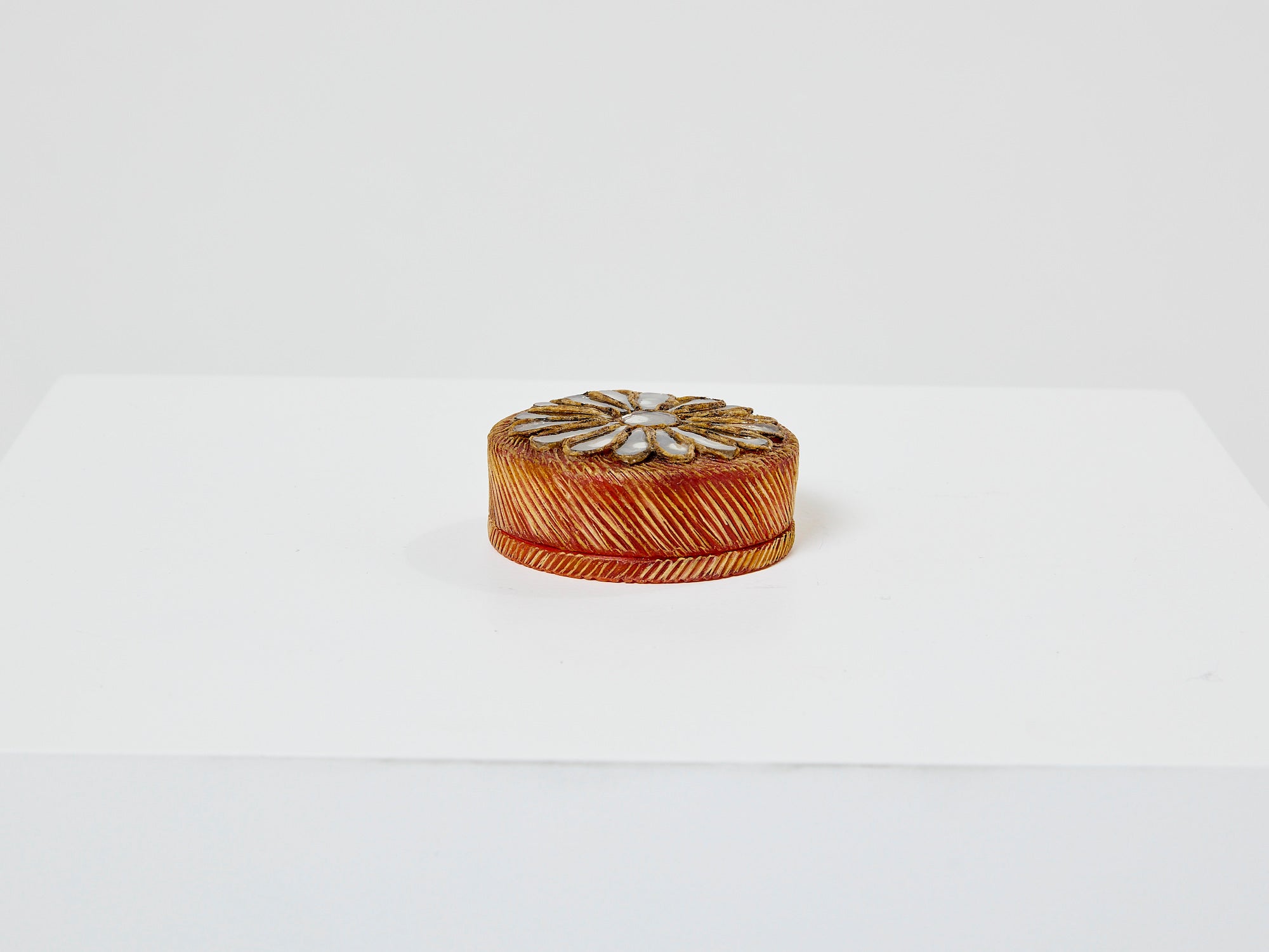 Line Vautrin orange talosel marguerite mirror round box 1960