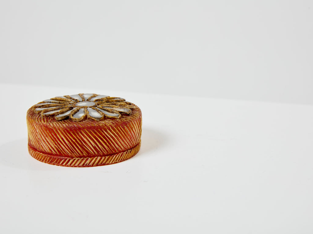 Line Vautrin orange talosel marguerite mirror round box 1960