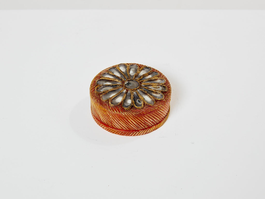 Line Vautrin orange talosel marguerite mirror round box 1960
