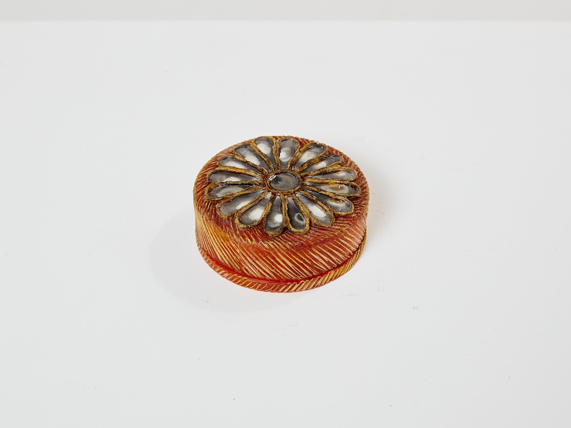 Line Vautrin orange talosel marguerite mirror round box 1960