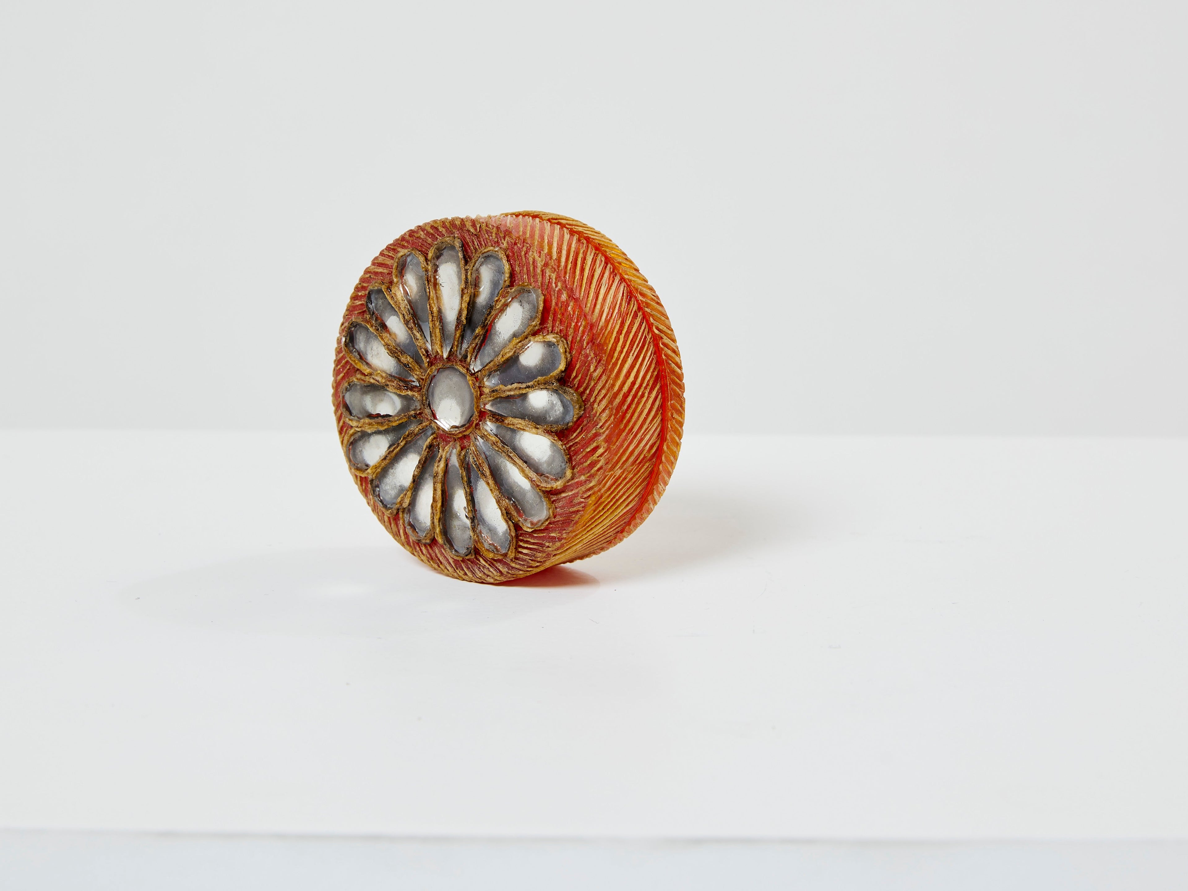 Line Vautrin orange talosel marguerite mirror round box 1960