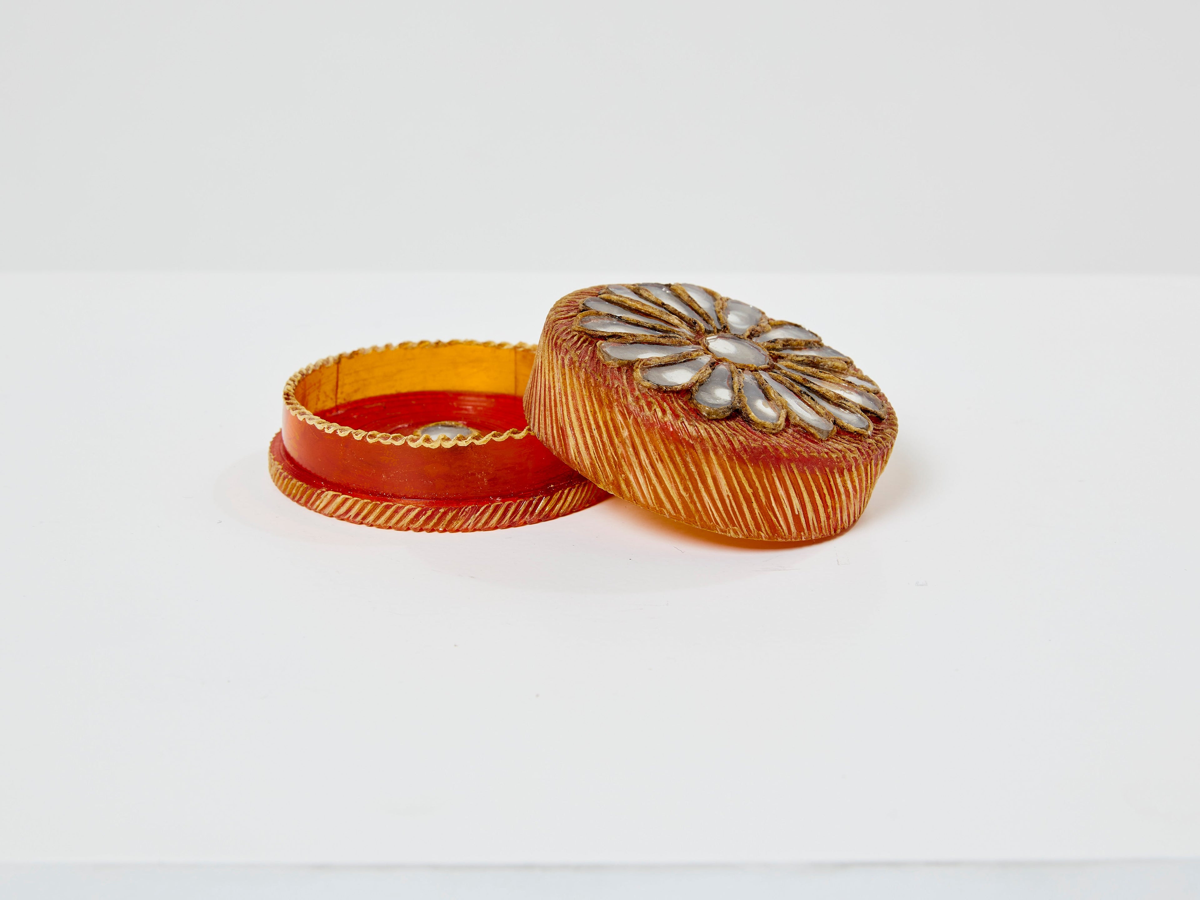 Line Vautrin orange talosel marguerite mirror round box 1960