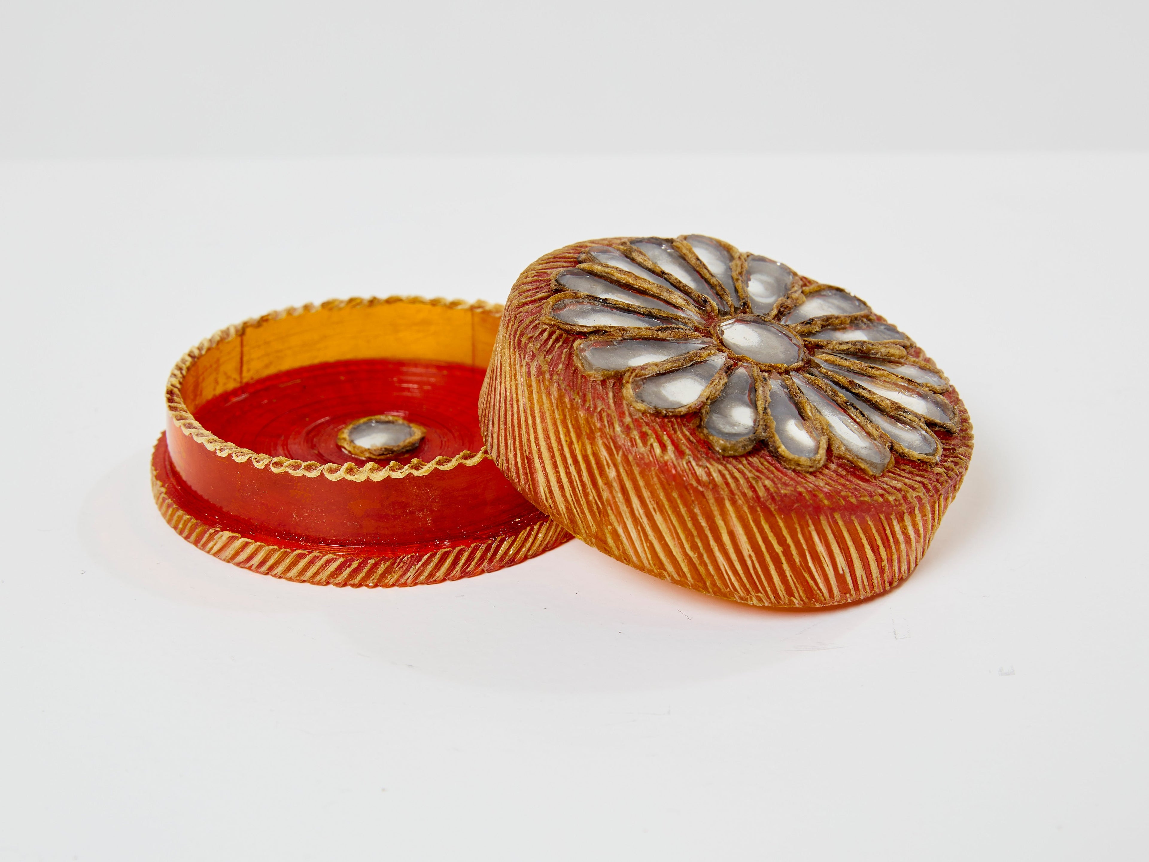 Line Vautrin orange talosel marguerite mirror round box 1960