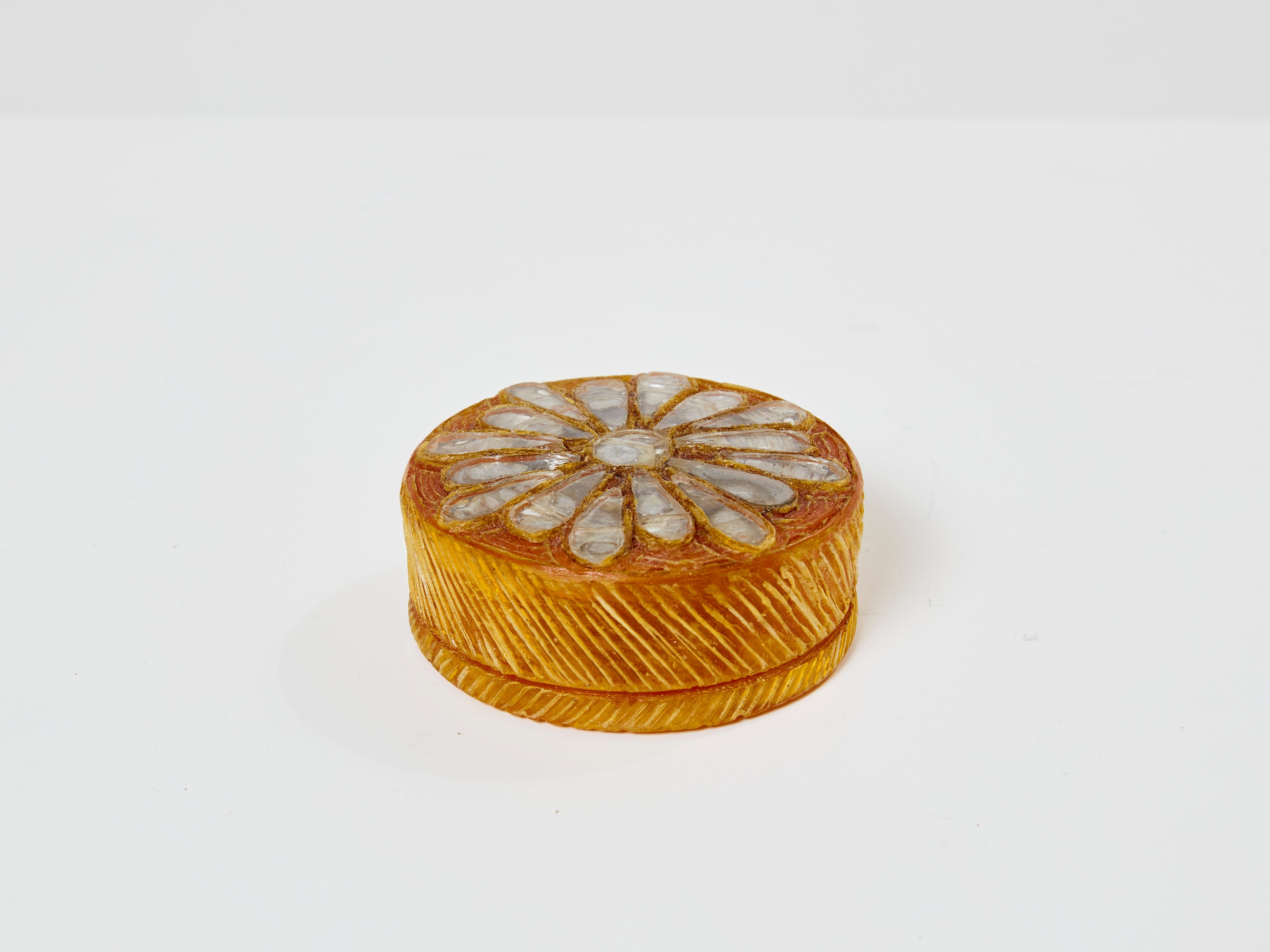 Line Vautrin yellow talosel marguerite mirror round box 1960
