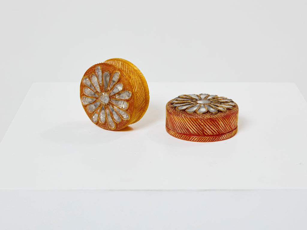 Line Vautrin yellow talosel marguerite mirror round box 1960