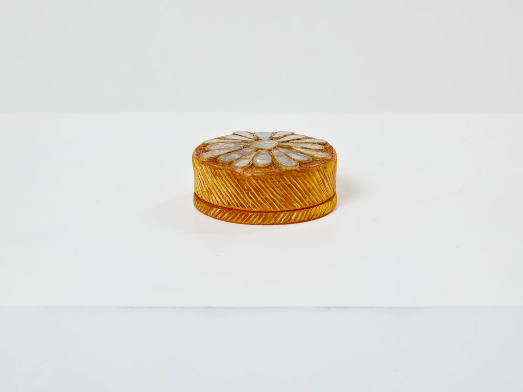 Line Vautrin yellow talosel marguerite mirror round box 1960