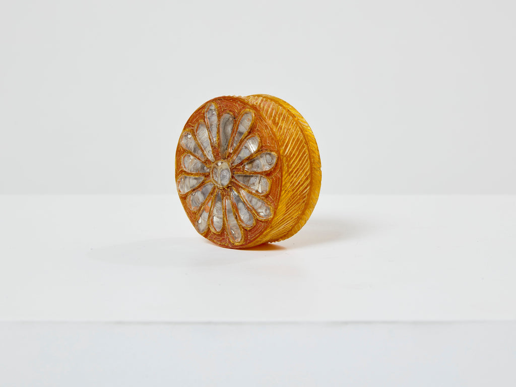Line Vautrin yellow talosel marguerite mirror round box 1960